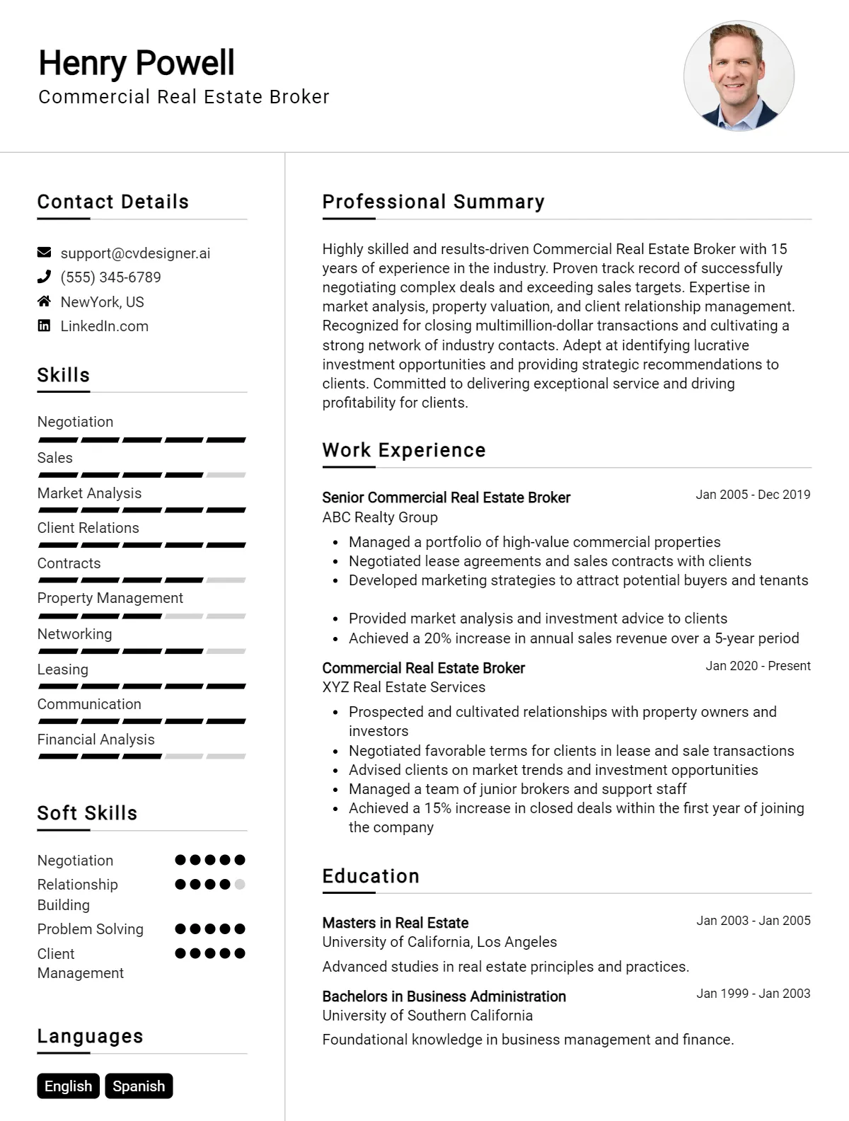 Commercial Real Estate Broker CV Example For 2026: Examples & Free Templates Preview