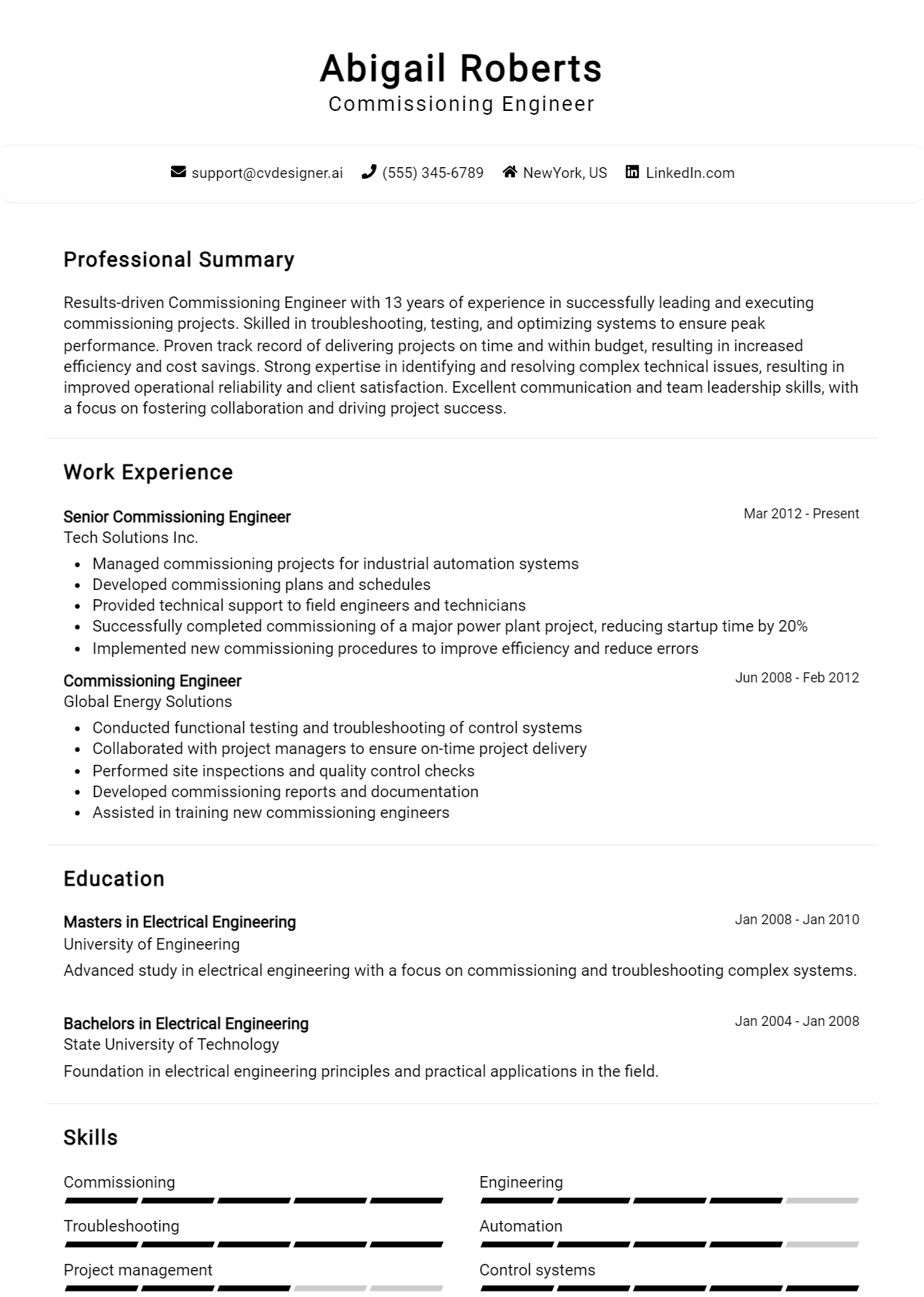 Commissioning Engineer Resume Example for 2026: Examples & Free Templates Preview
