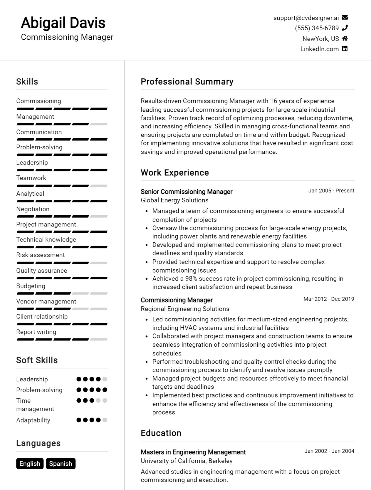 Commissioning Manager CV Example For 2026: Expert Tips & Templates Preview