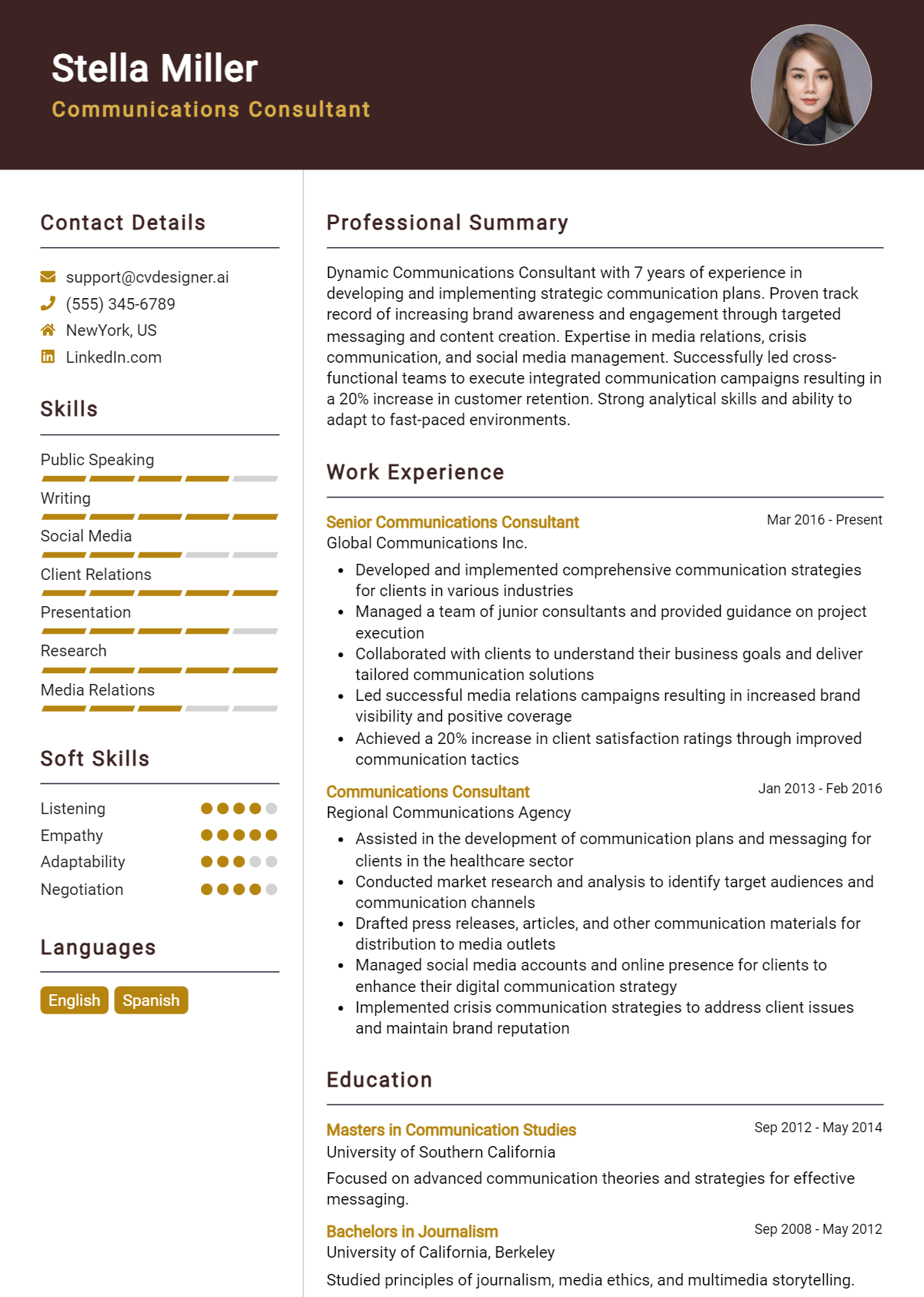 Communications Consultant Resume Example for 2026: Free Examples Preview