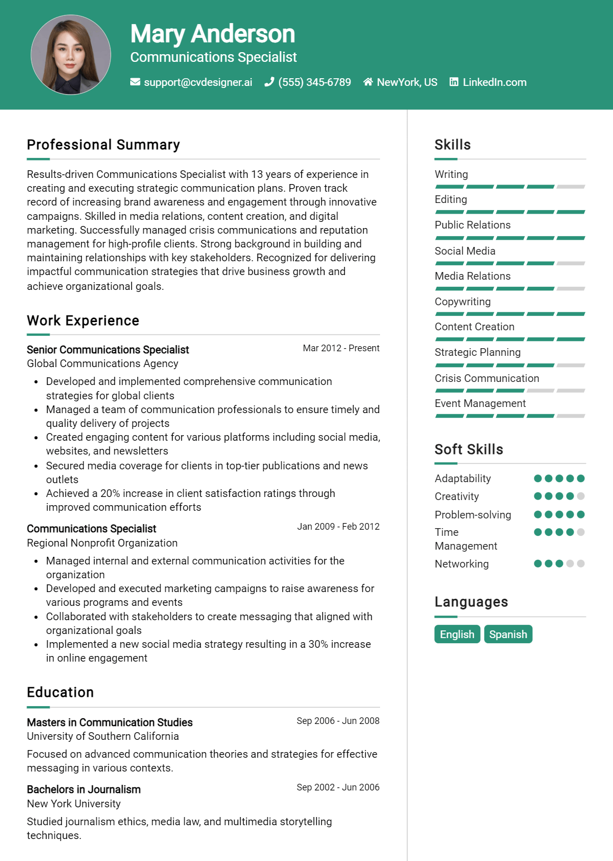 Communications Specialist Resume Example for 2026: Downloadable Templates Preview