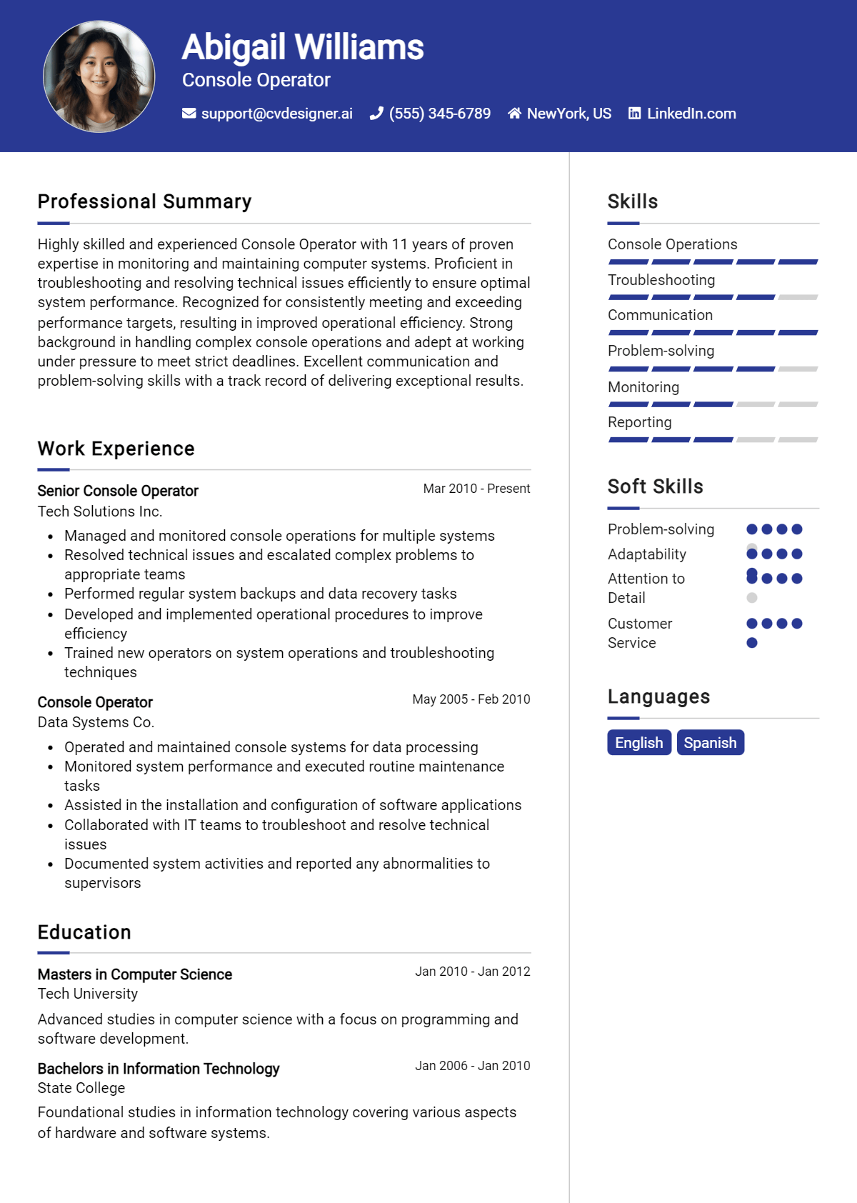 Console Operator Resume Example for 2026: How to Create a Professional CV Preview