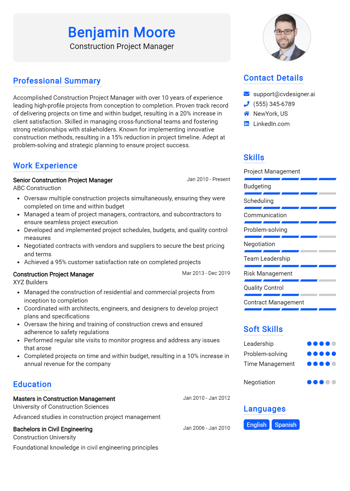 Construction Project Manager Resume Example for 2026: Top CV Skills Preview