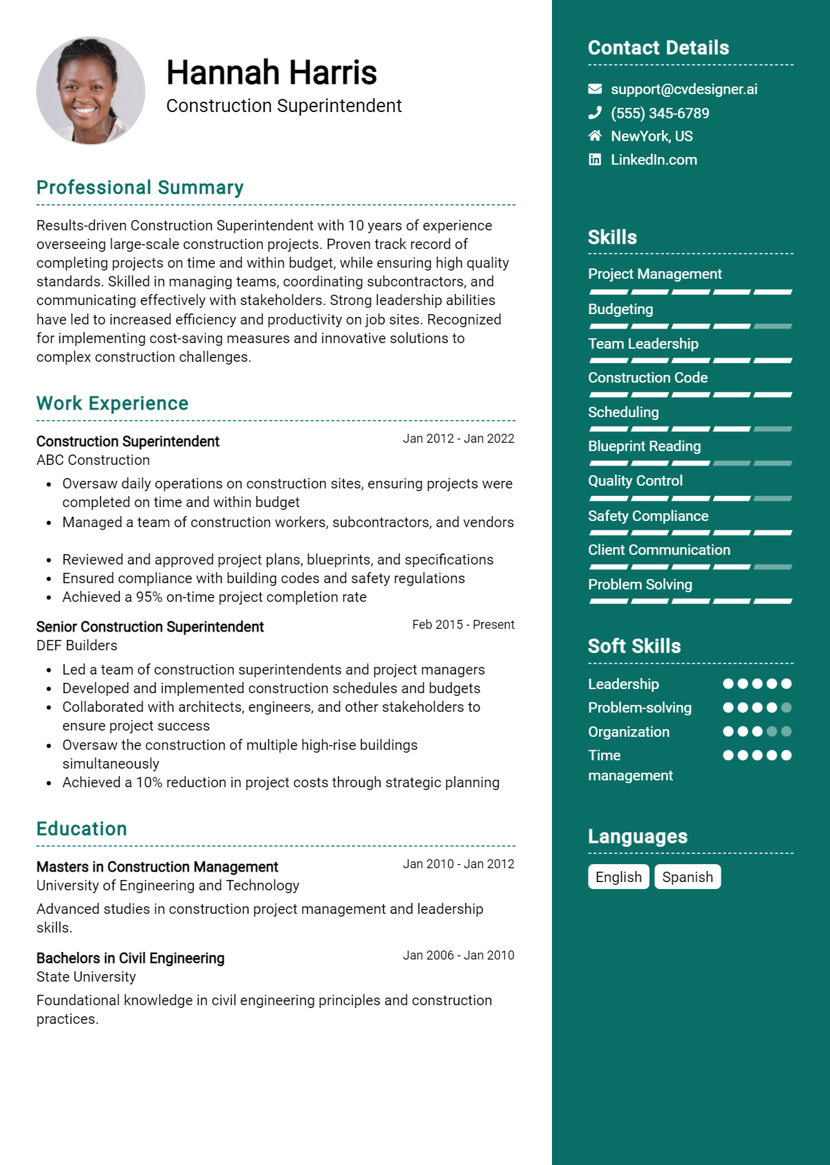 Construction Superintendent Resume Example for 2026: Examples & Free Templates Preview