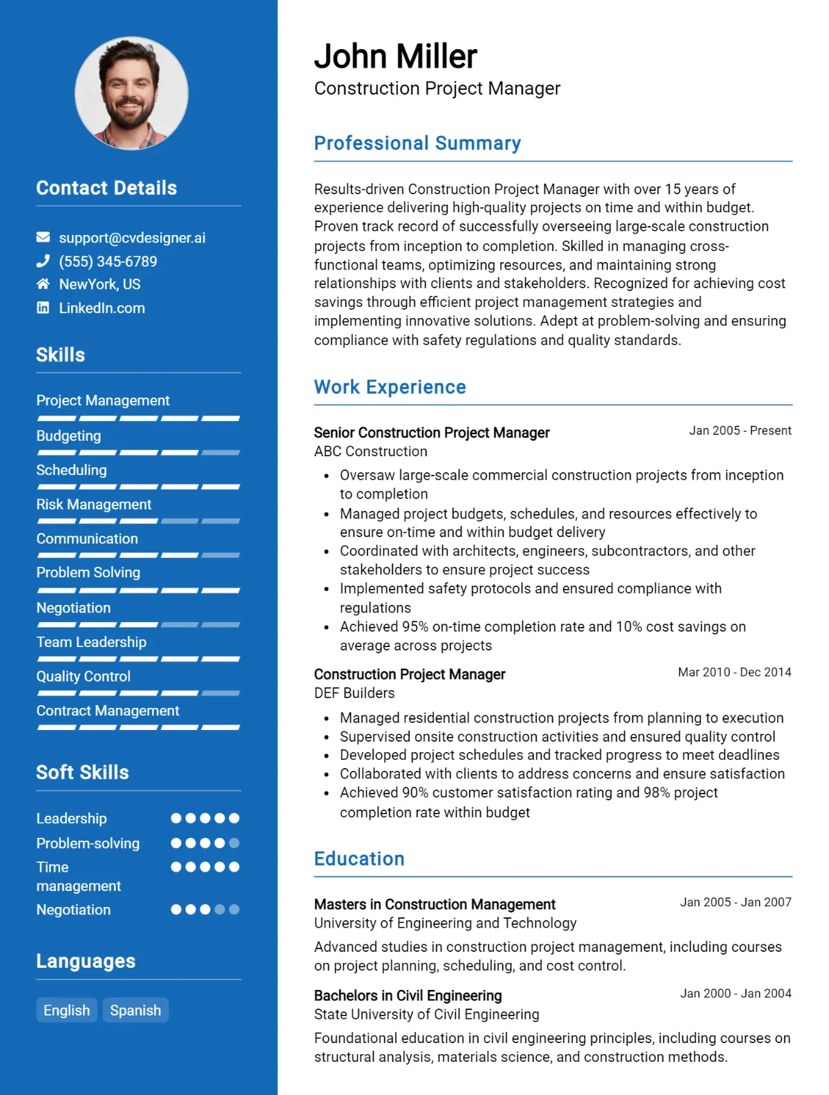 Construction Project Manager CV Example For 2026: Free Professional Templates Preview
