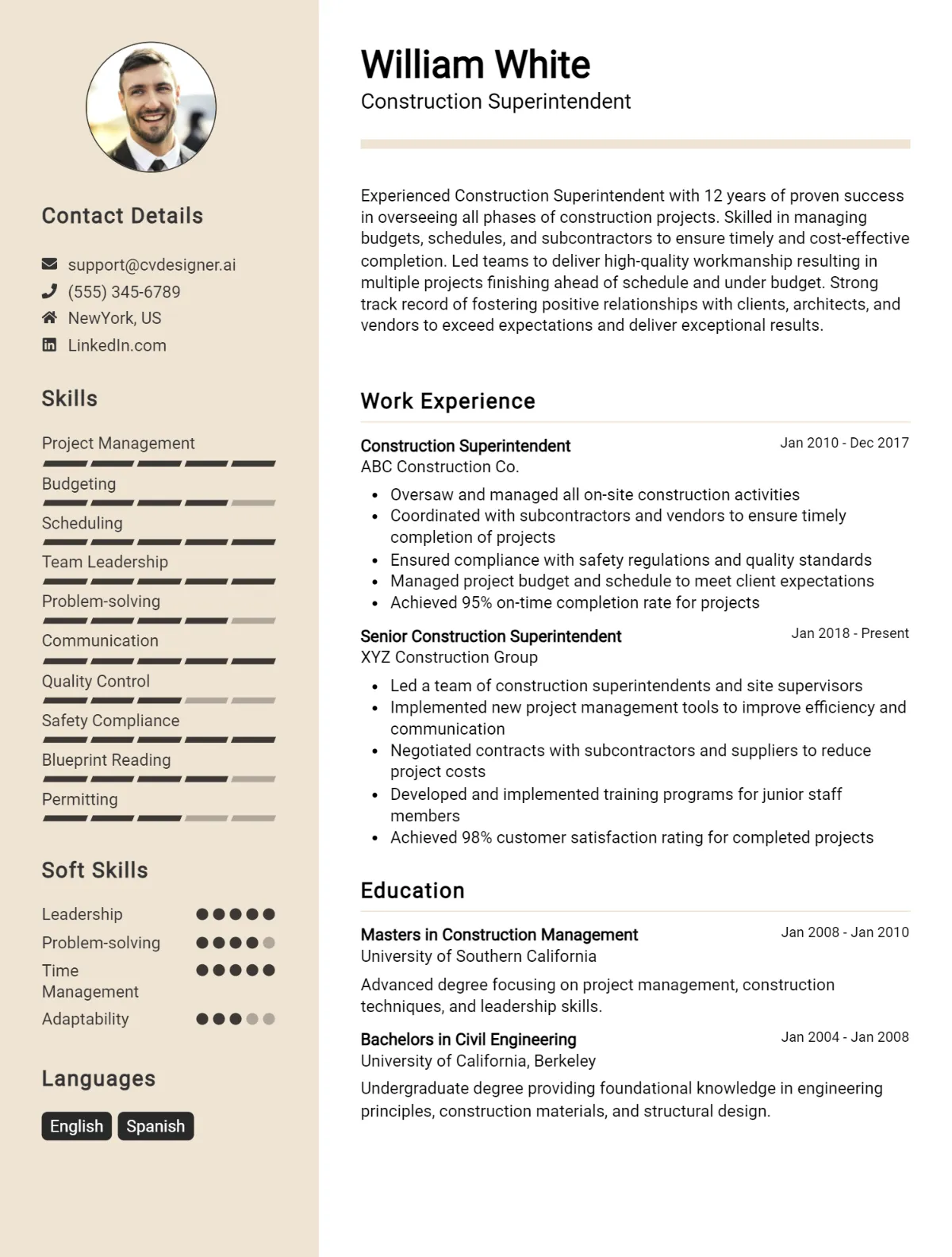 Construction Superintendent CV Example For 2026: Top CV Skills Preview