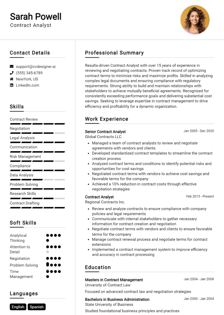 Contract Analyst Resume Example