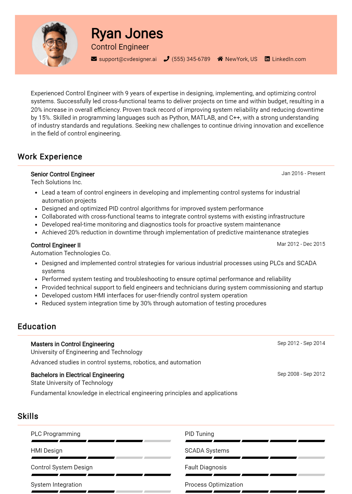Control Engineer Resume Example for 2026: Professional CV Templates Preview