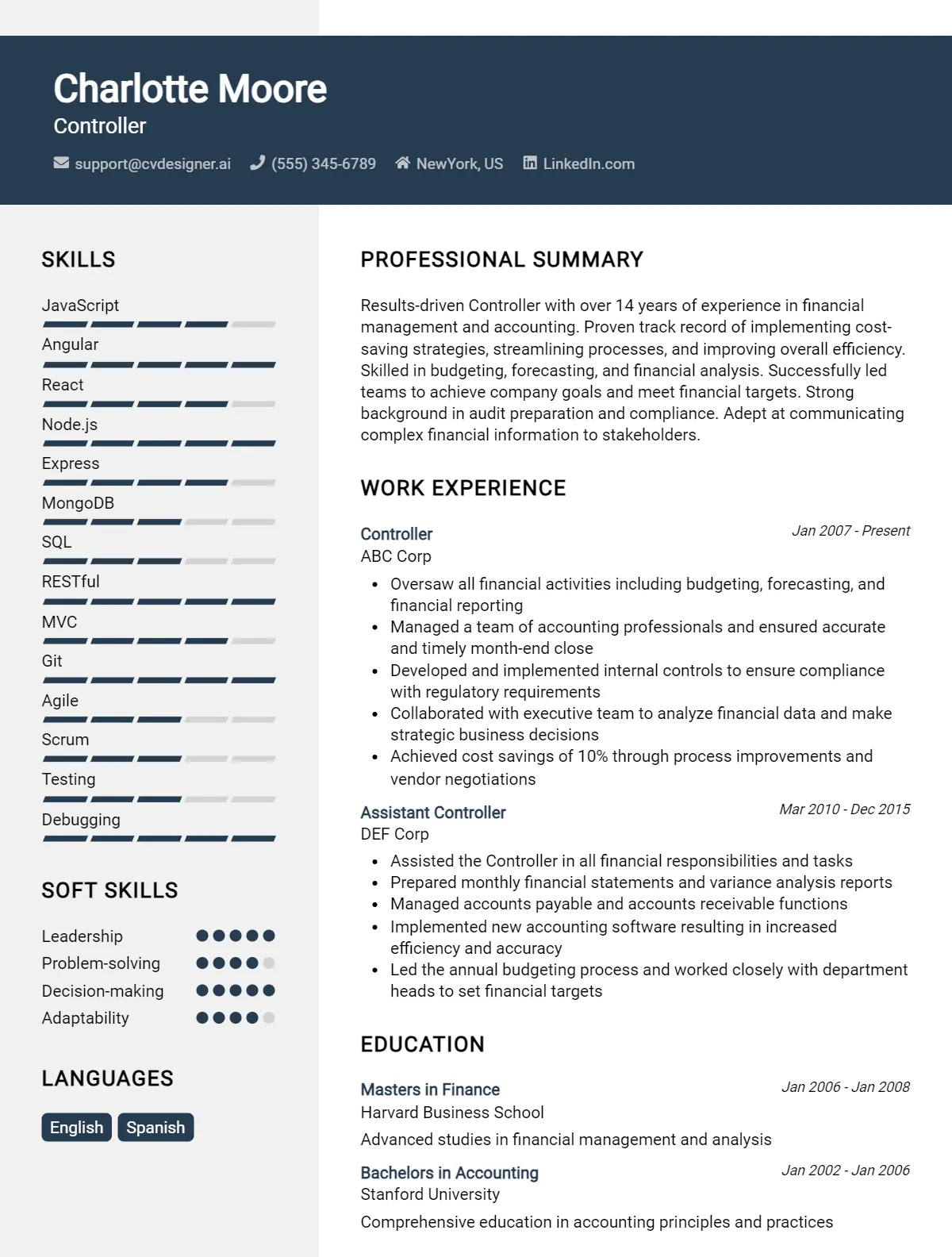 Controller CV Example Templates for 2026 Preview