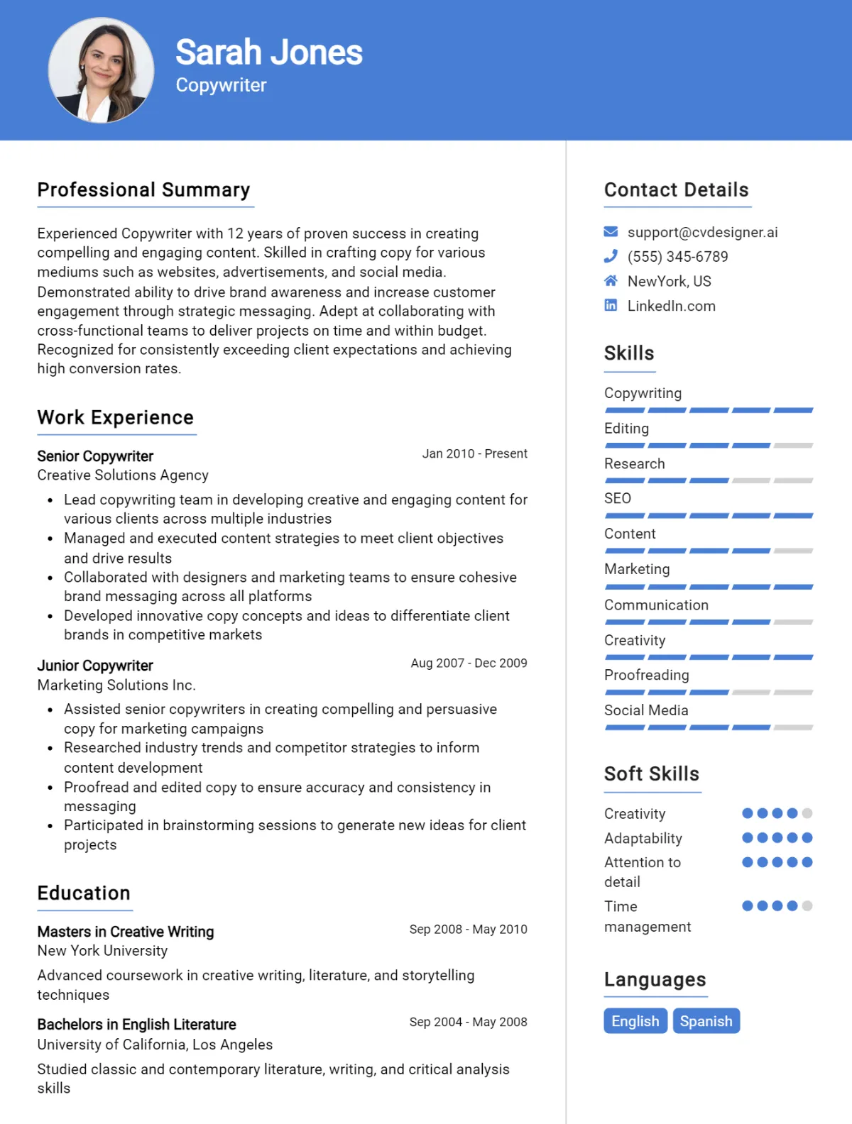 Copywriter CV Example For 2026: Examples & Free Templates Preview