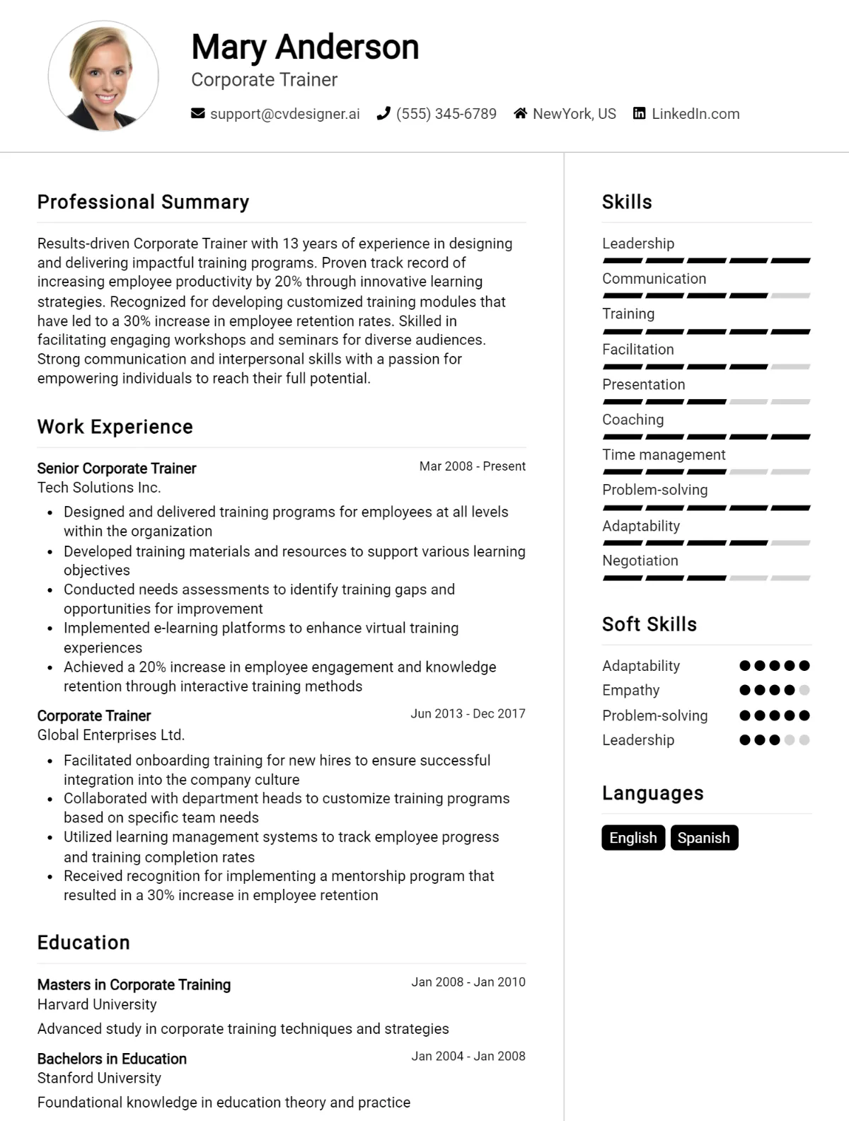 Corporate Trainer CV Example For 2026: Free Professional Templates Preview