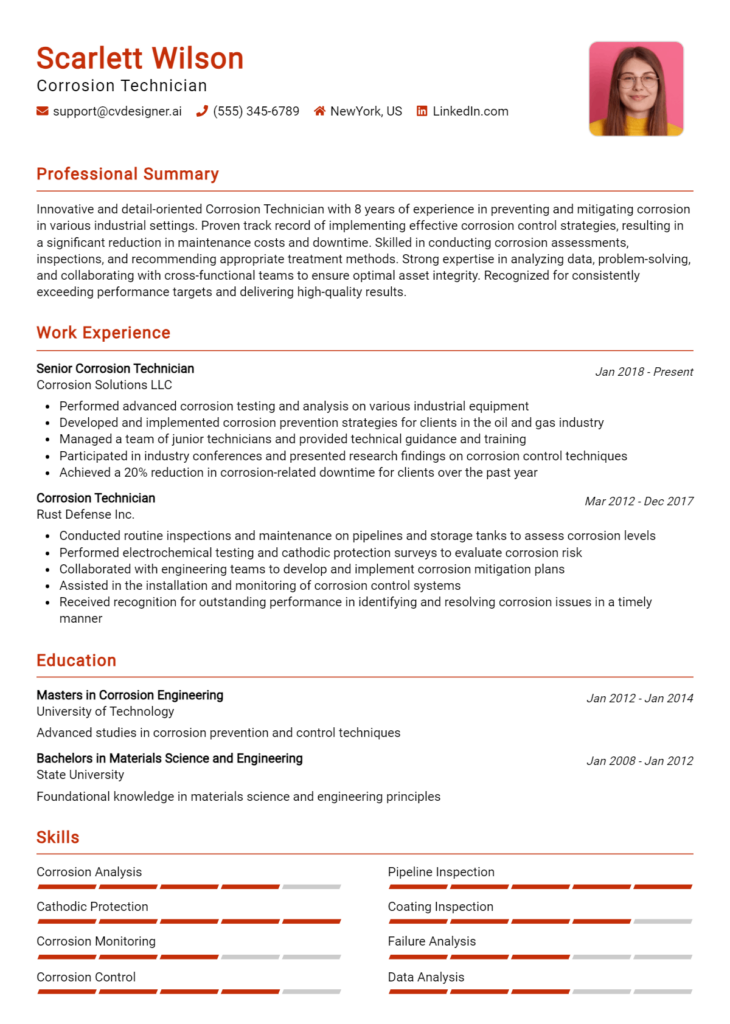 Corrosion Technician Resume Example