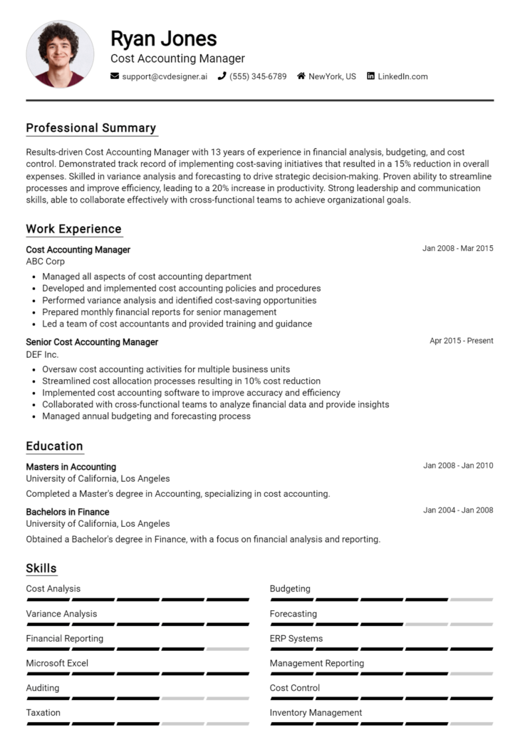 Cost Accounting Manager Resume Example