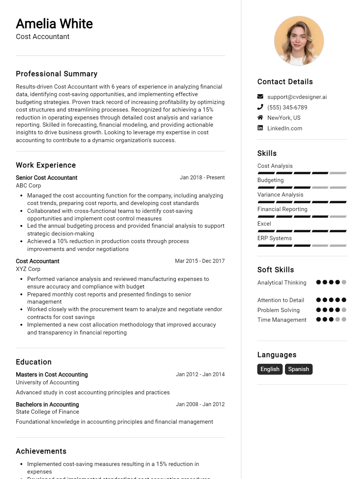 Cost Accountant CV Example & Templates for 2026 Preview
