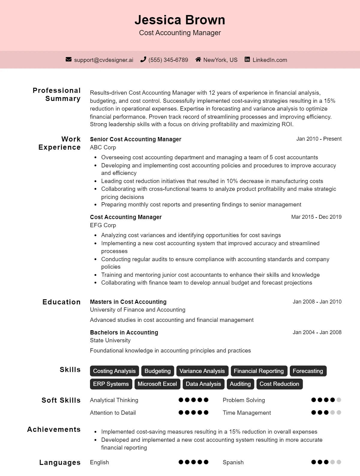 Cost Accounting Manager CV Example and Templates for 2026 Preview