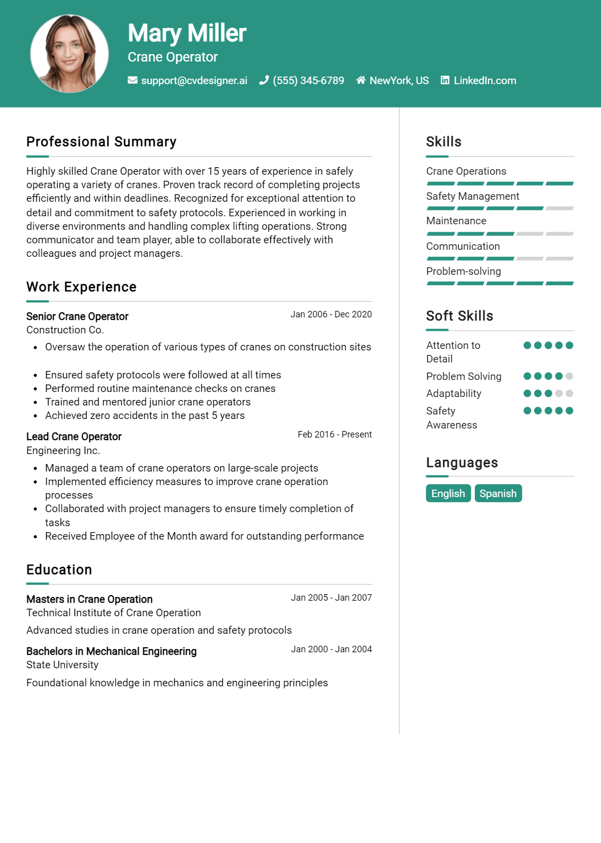 Crane Operator Resume Example for 2026: Top CV Skills Preview