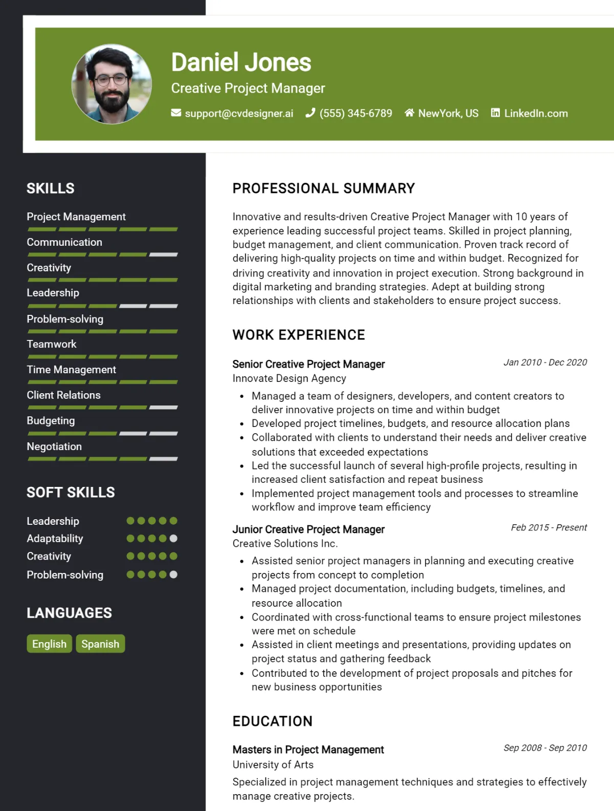 Creative Project Manager CV Example For 2026: Free Professional Templates Preview