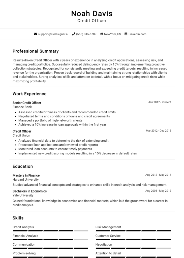 Credit Officer Resume Example