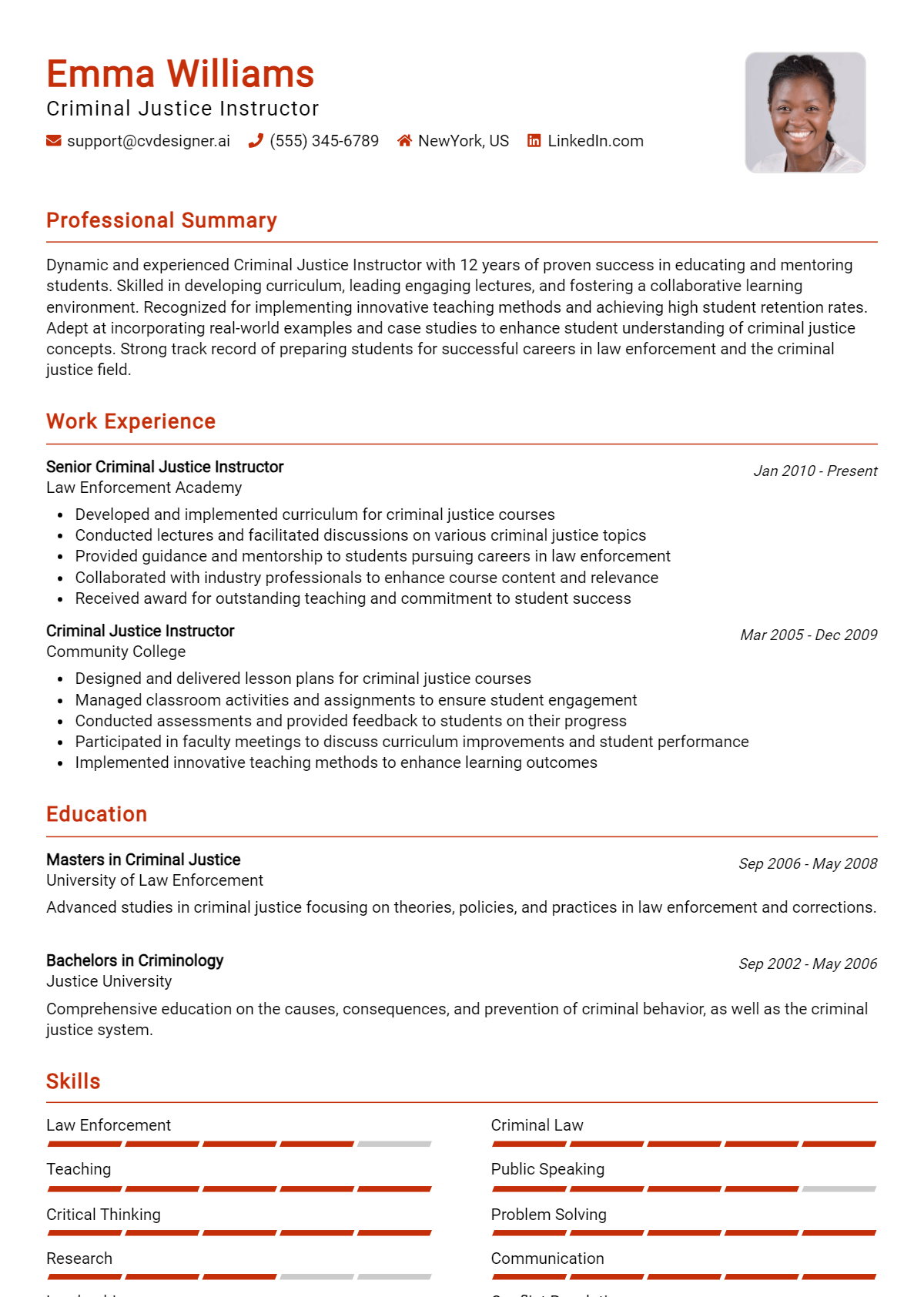 Criminal Justice Instructor Resume Example for 2026: Free Samples Preview