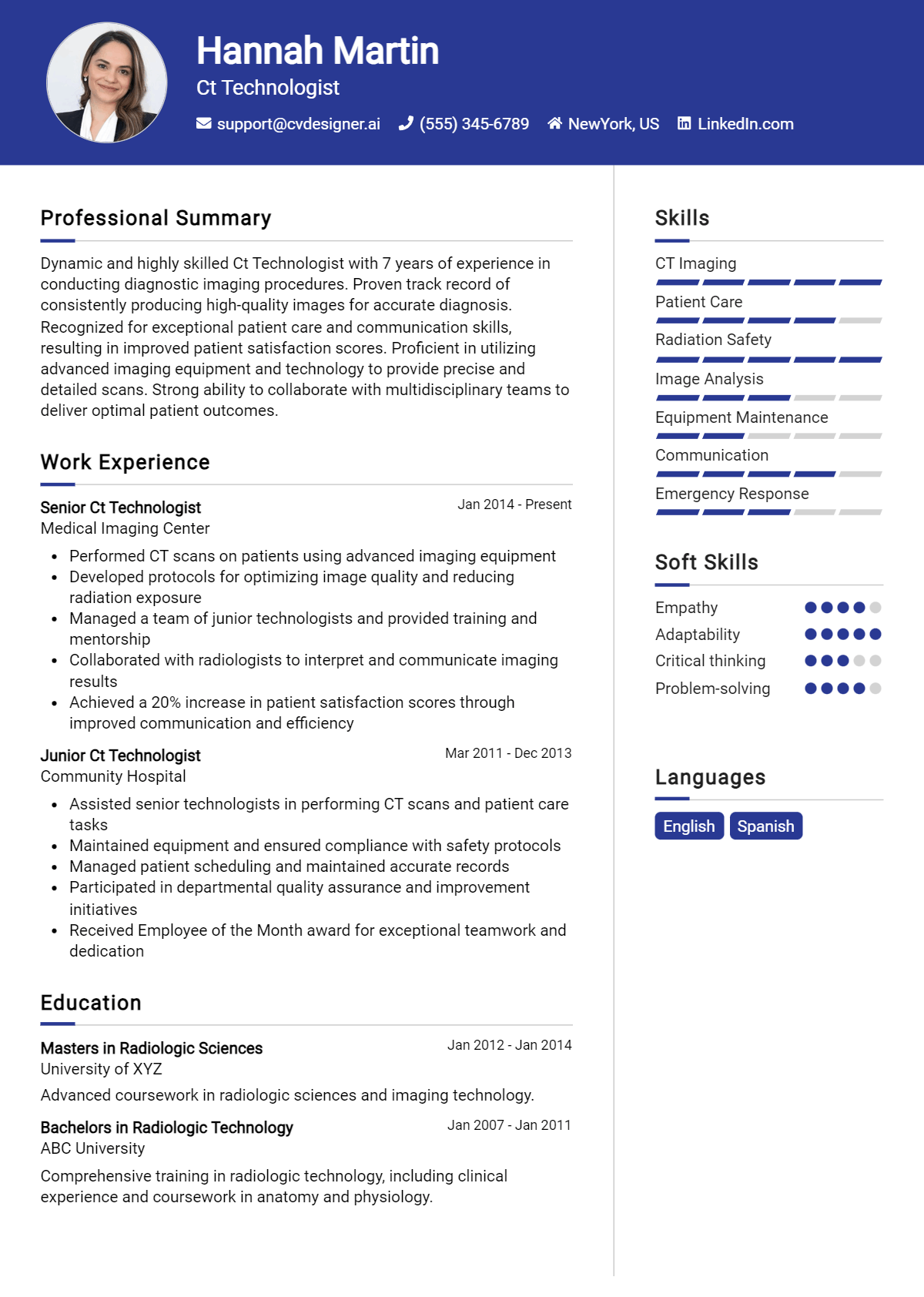 CT Technologist Resume Example for 2026: Professional CV Templates Preview
