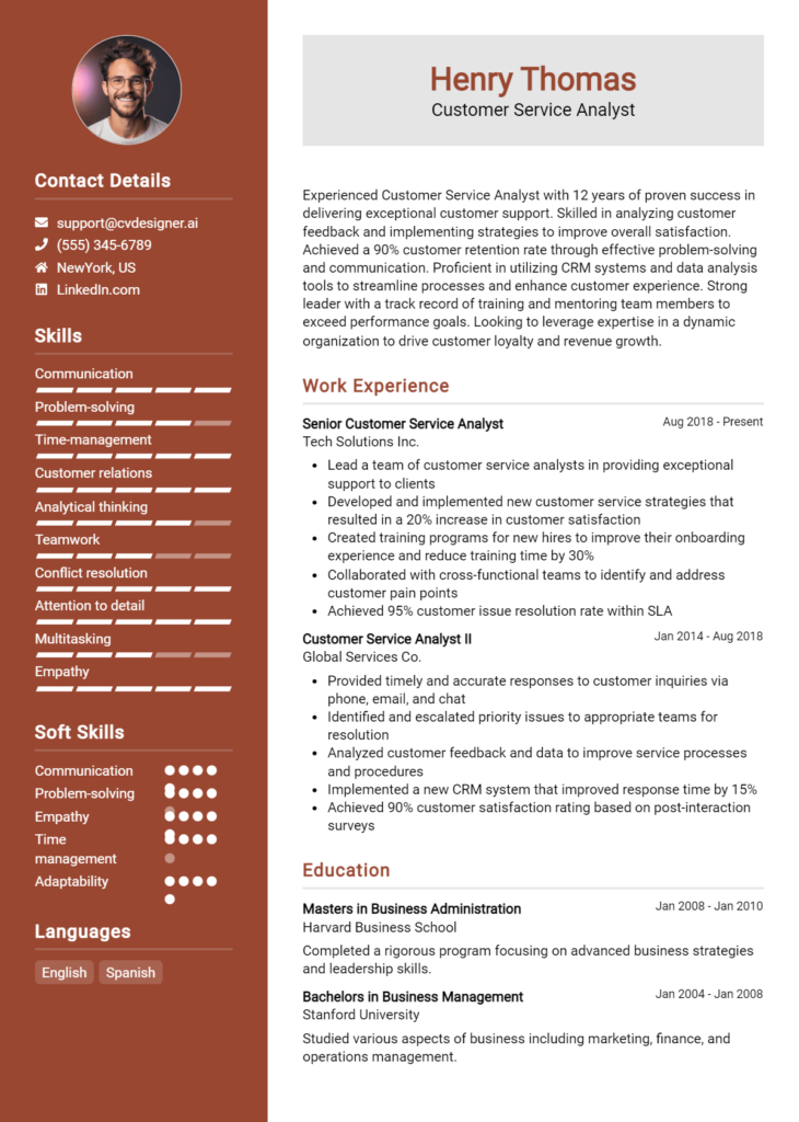 Customer Service Analyst Resume Example