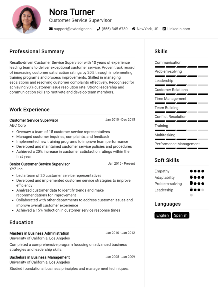 Customer Service Supervisor Resume Example