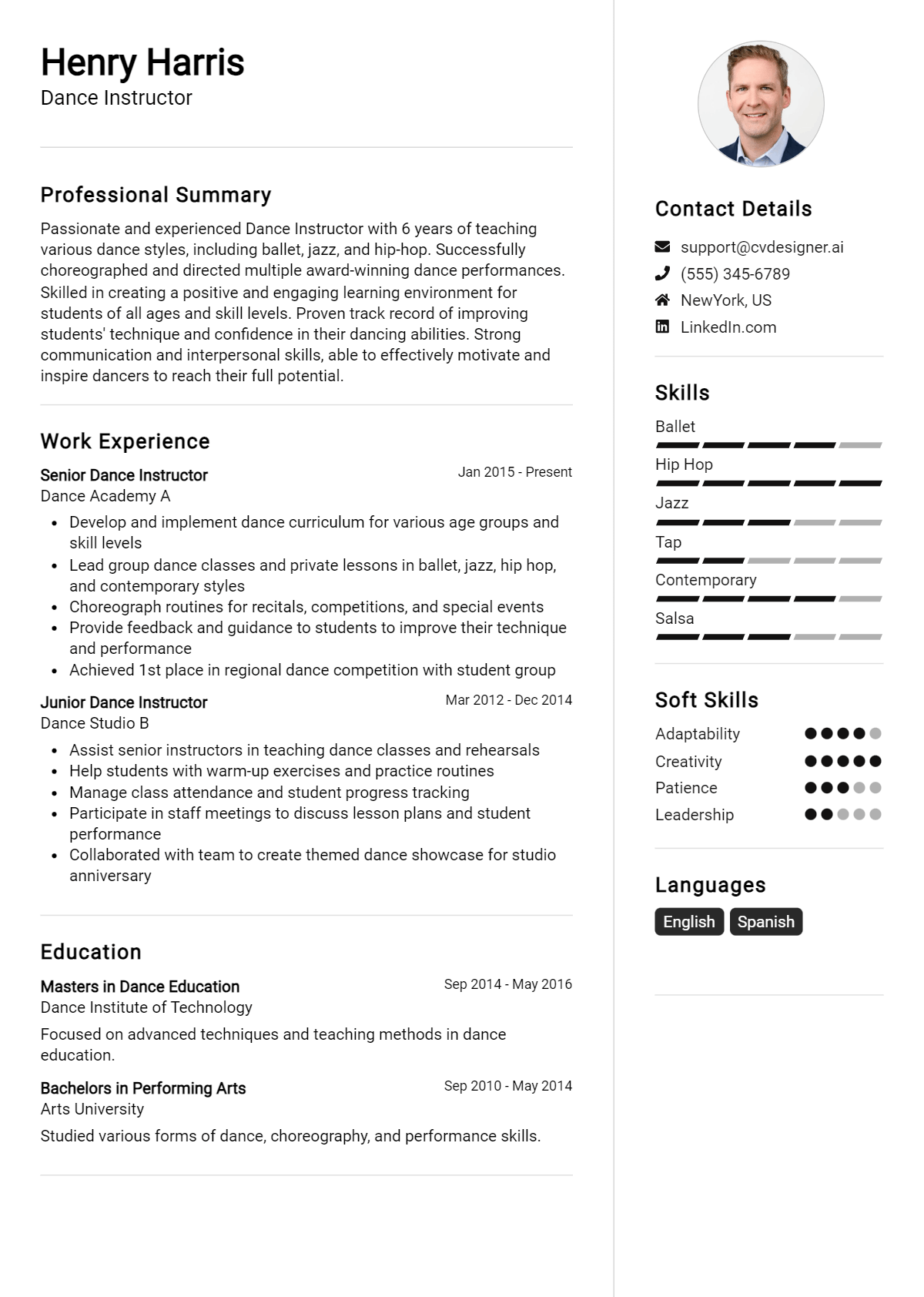 Dance Instructor Resume Example for 2026: Professional CV Templates Preview