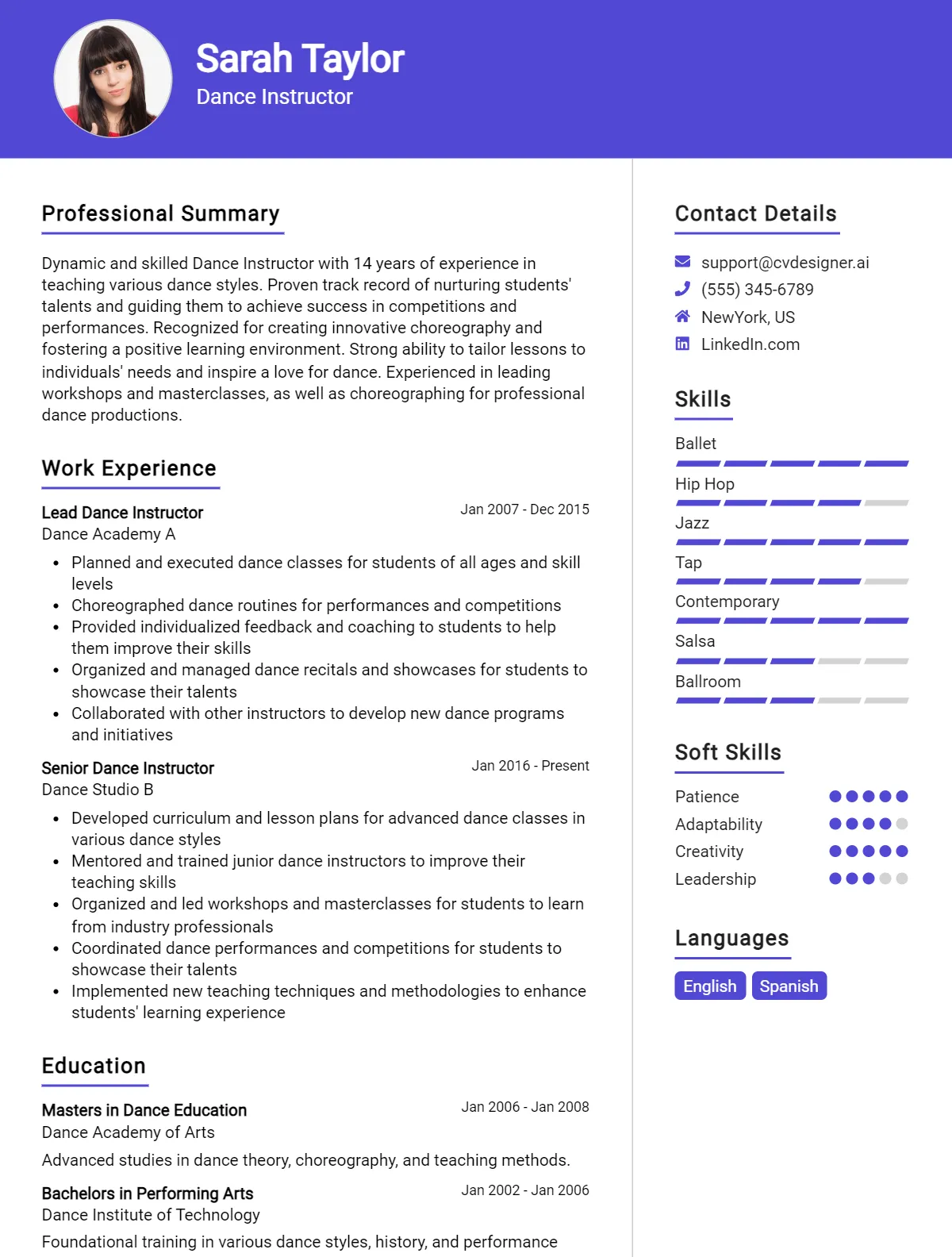Dance Instructor CV Example For 2026: Strategies & Templates Preview