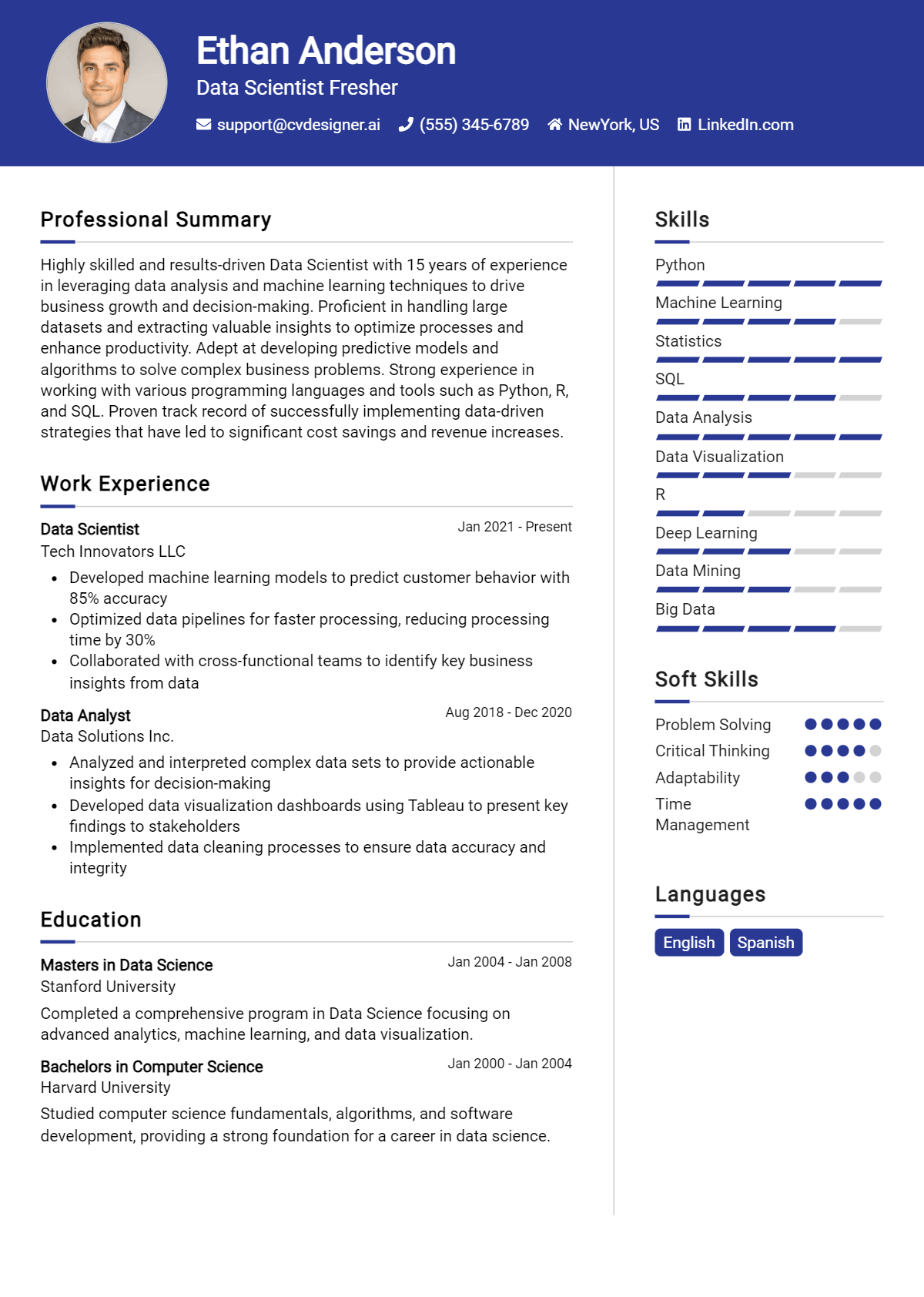Data Scientist Fresher CV Example for 2026: Free Professional Templates Preview