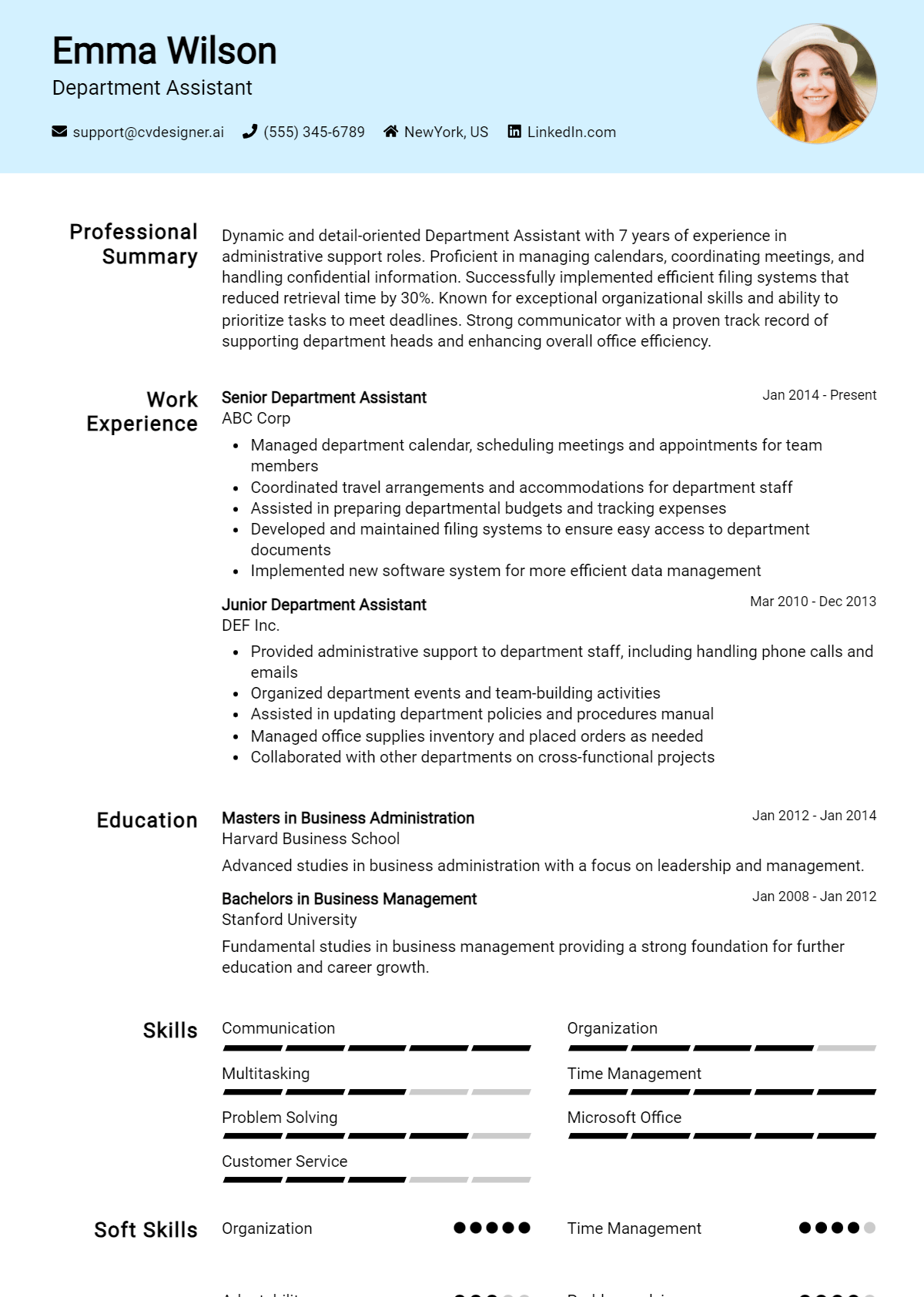 Department Assistant Resume Example for 2026: Examples & Free Templates Preview