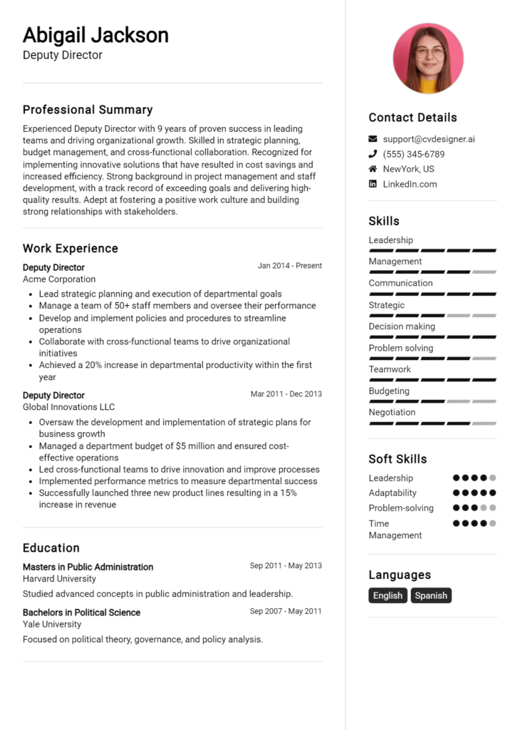 Deputy Director Resume Example