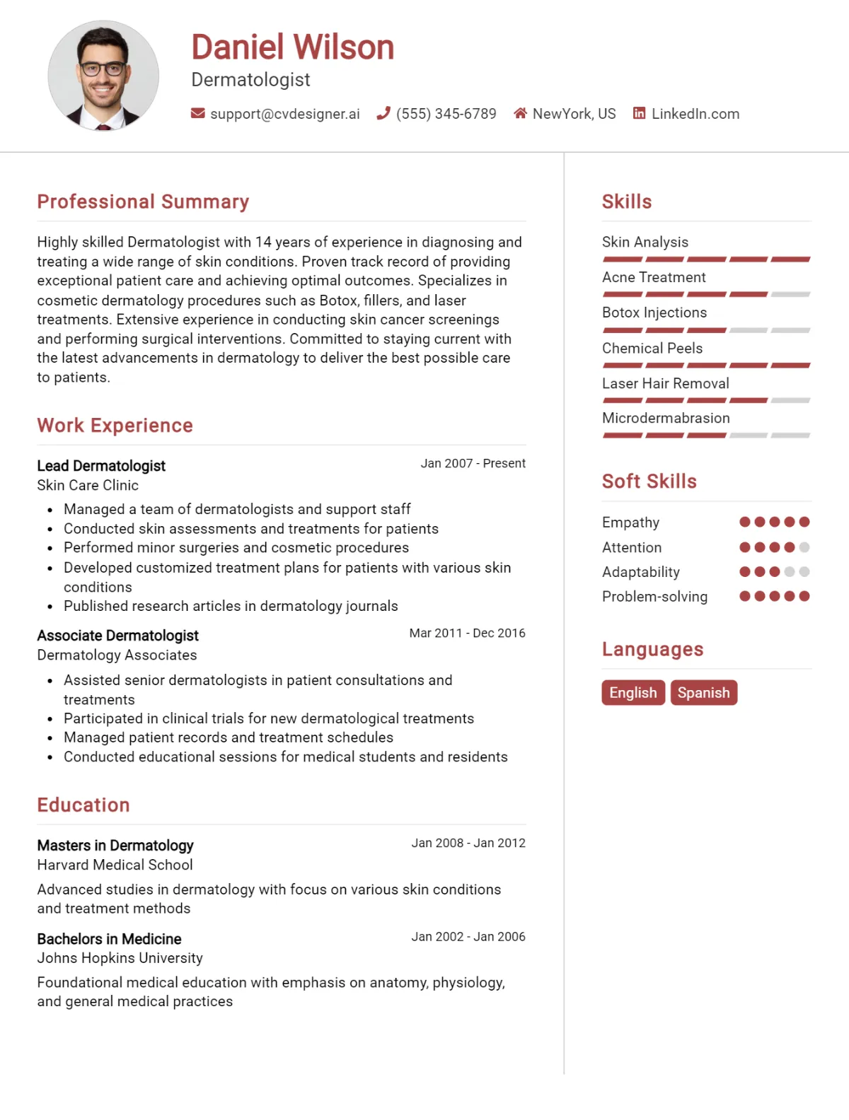 Dermatologist CV Example For 2026: Examples & Free Templates Preview