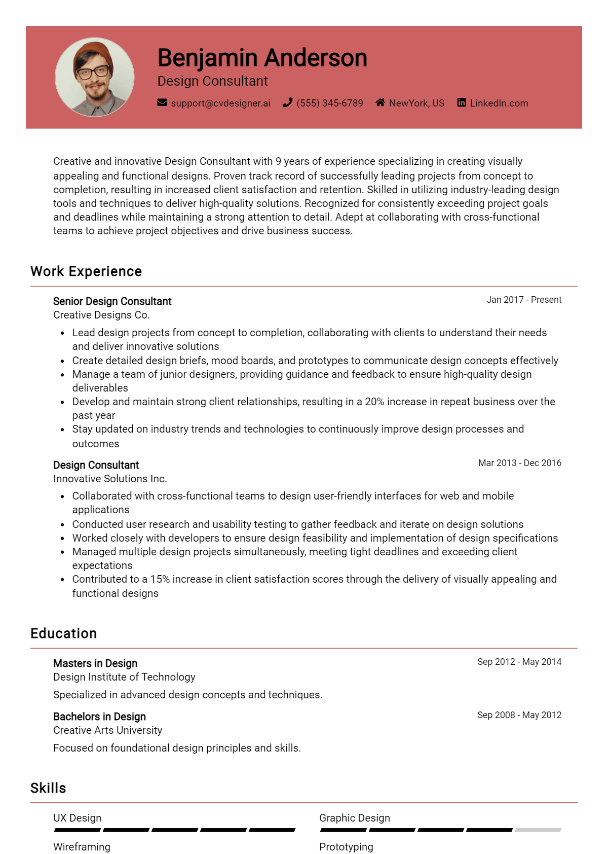 Design Consultant Resume Example for 2026: Top CV Skills Preview