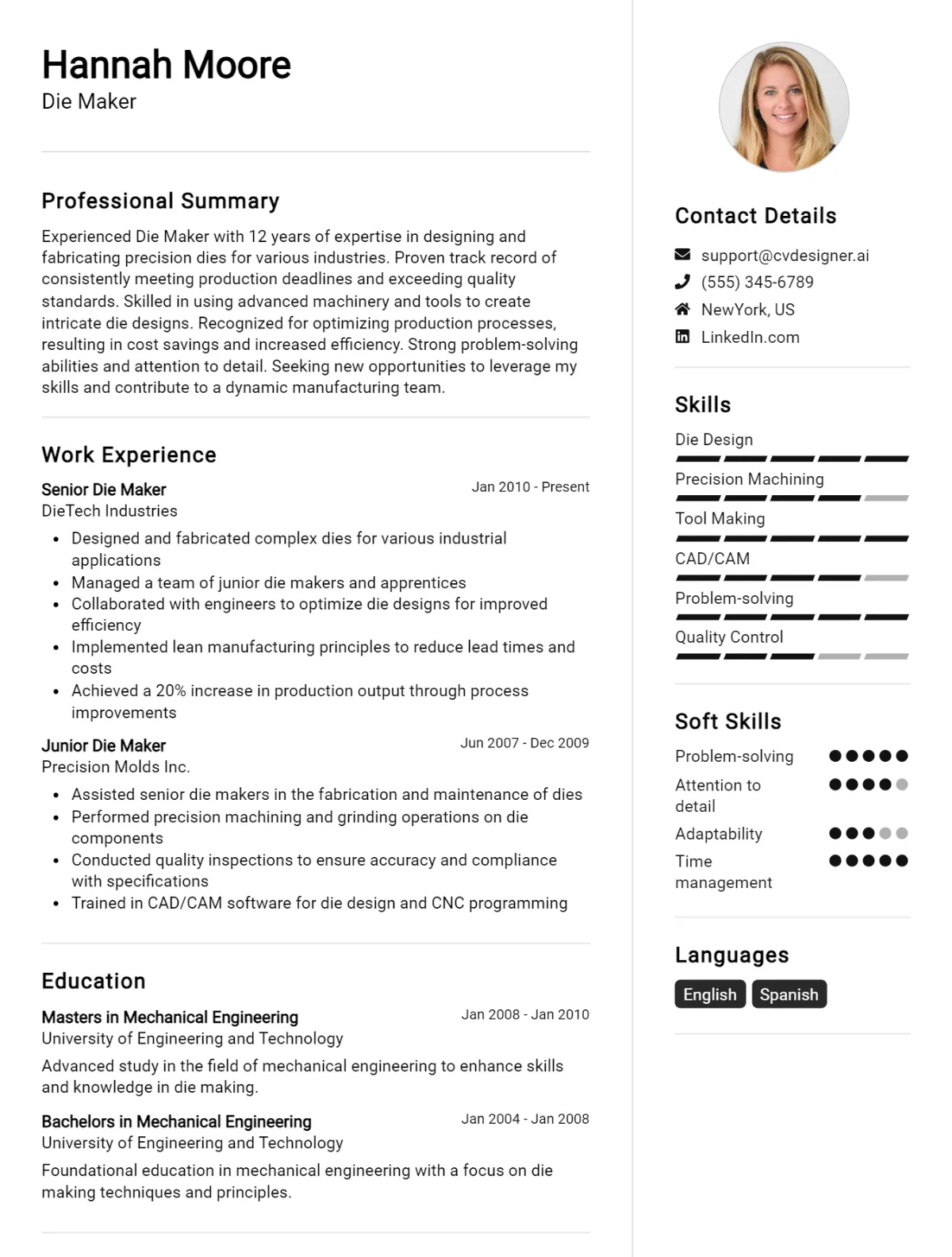 Die Maker CV Example For 2026: Top CV Skills Preview