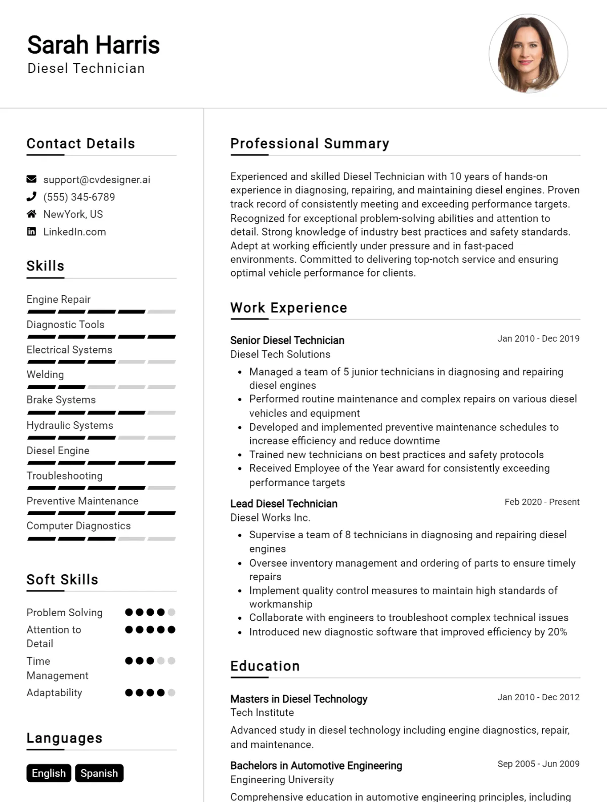 Diesel Technician CV Example For 2026: Top CV Skills Preview