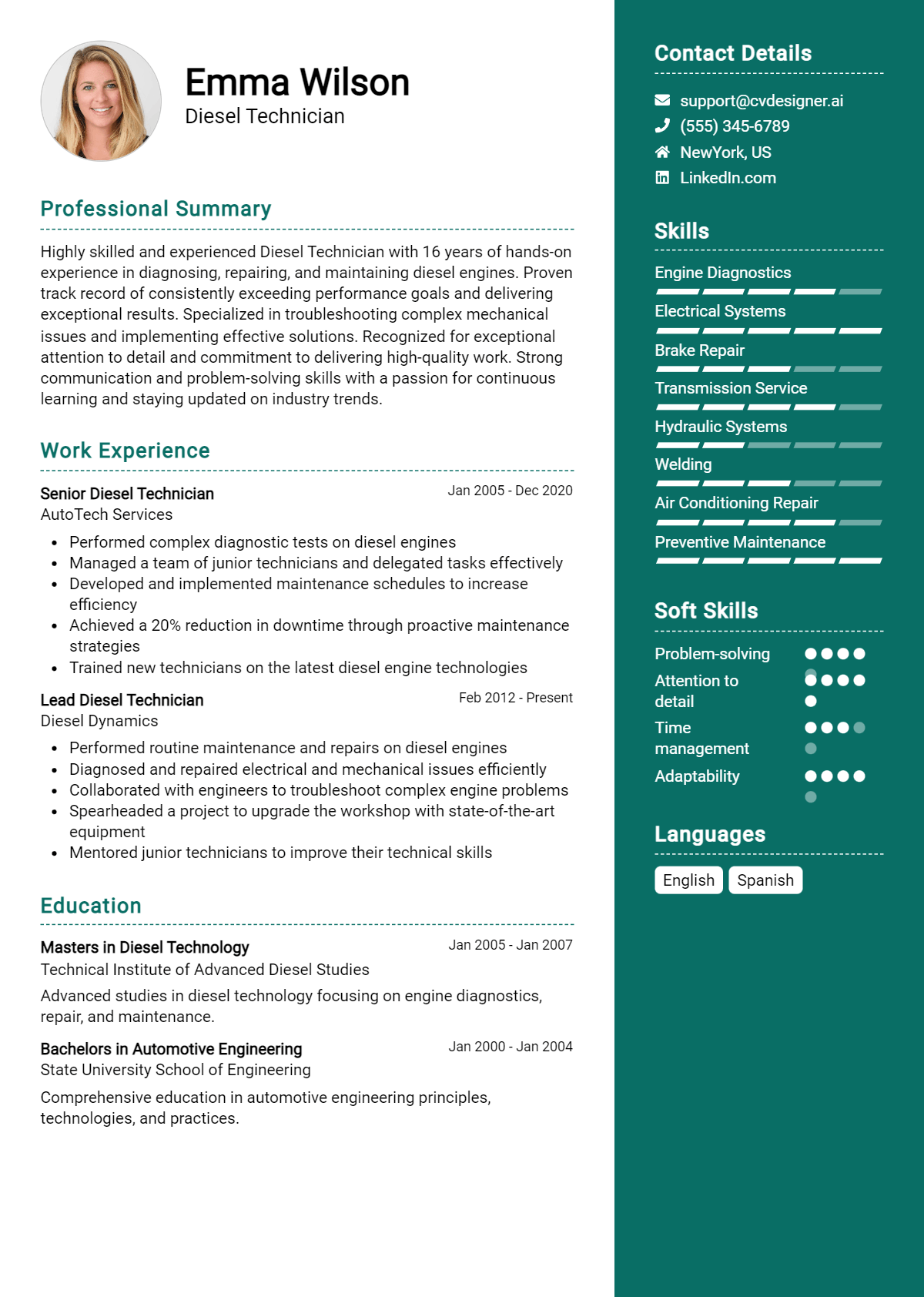 Diesel Technician Resume Example for 2026: Top CV Skills Preview