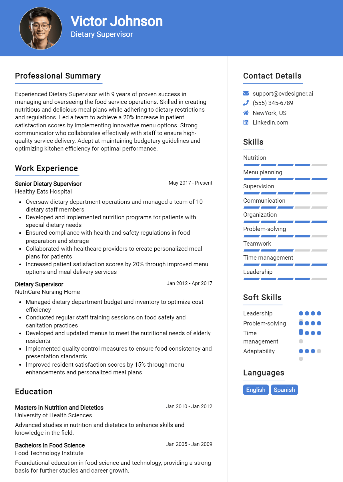 Dietary Supervisor Resume Example for 2026: Best Writing Guide Preview