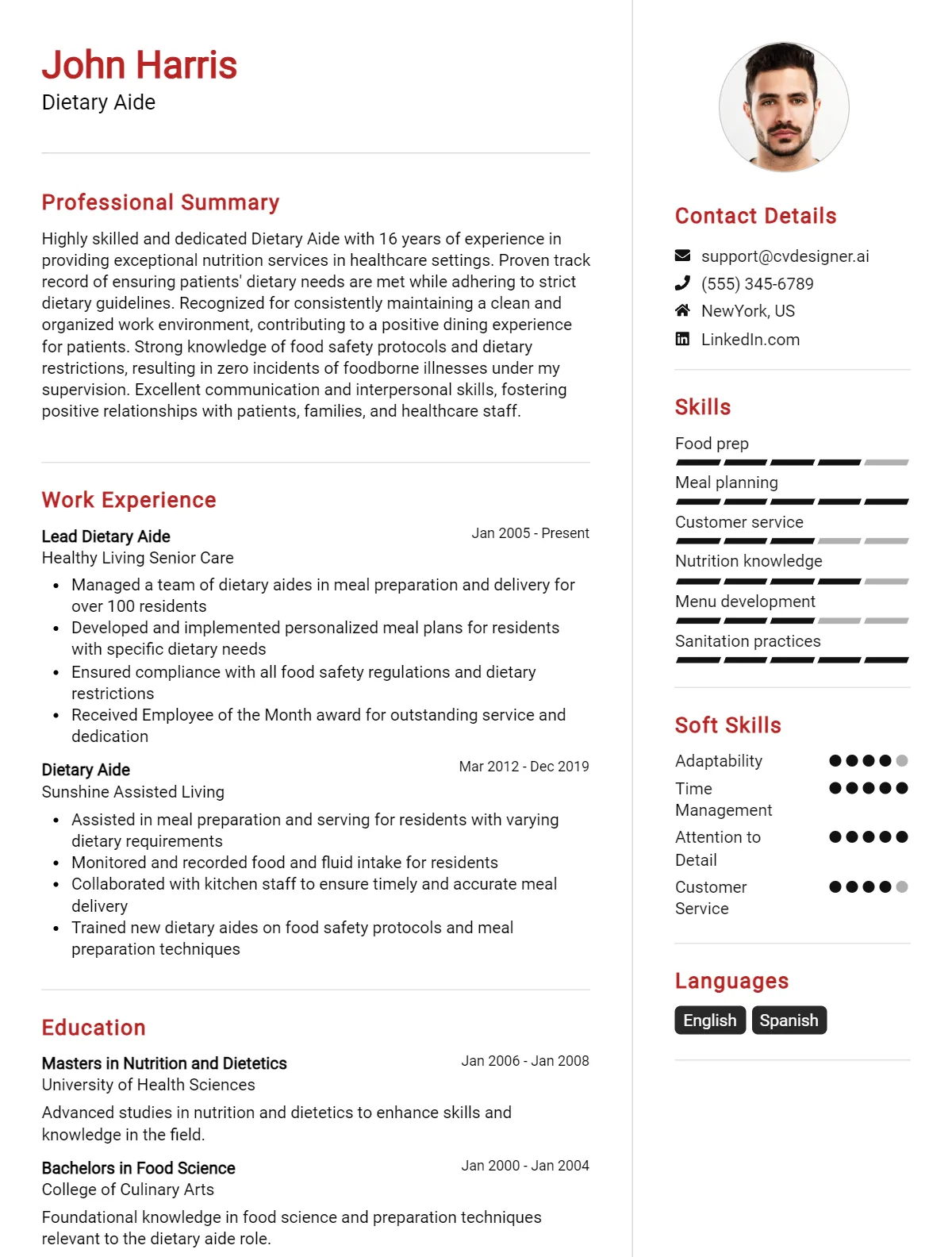 Dietary Aide CV Example For 2026: Effective CV Writing Tips Preview