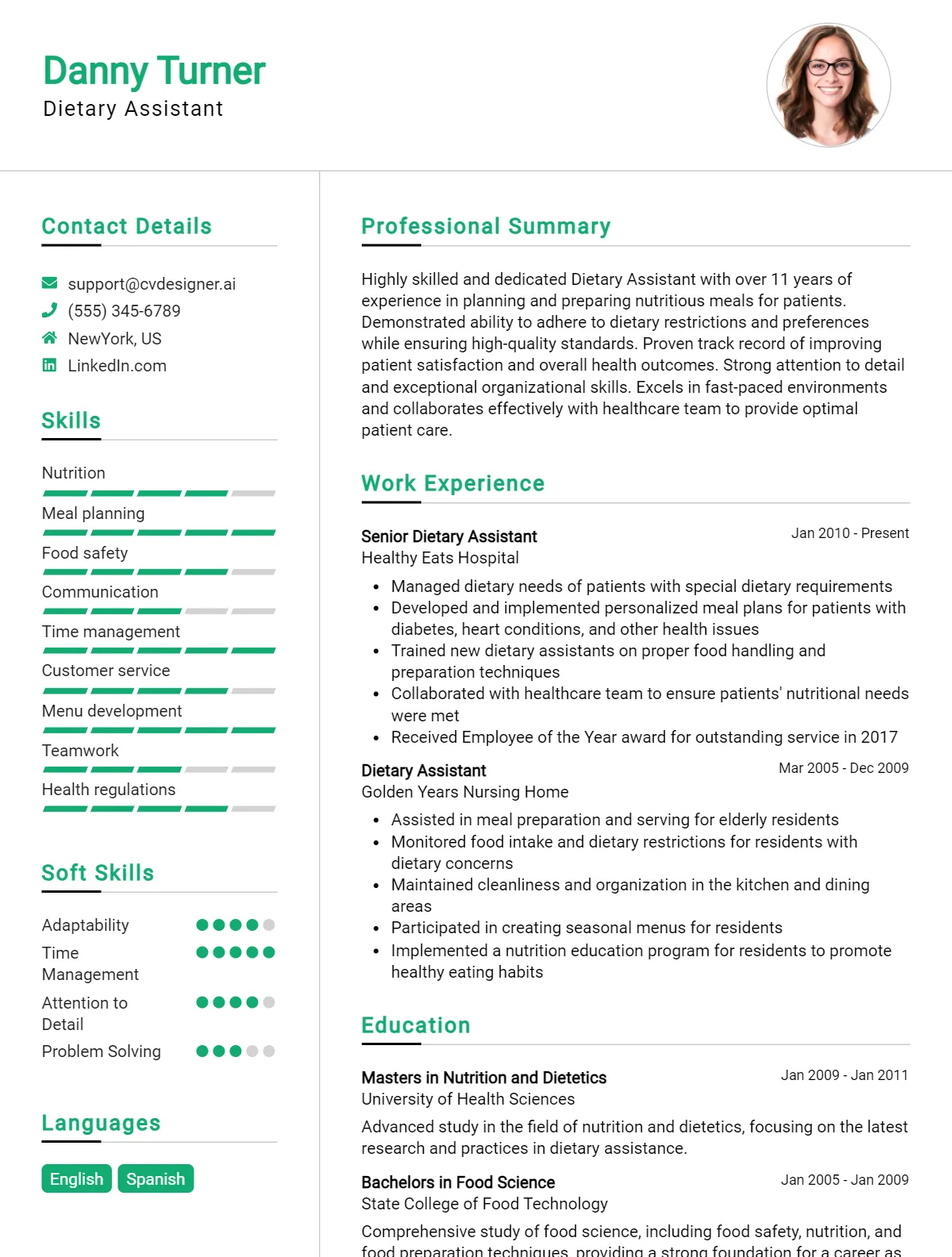Dietary Assistant CV Example For 2026: Free Downloadable Templates Preview
