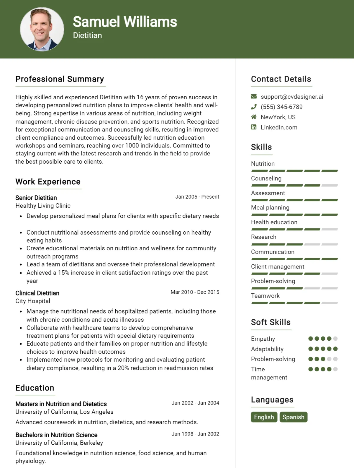 Dietitian CV Example For 2026: Professional CV Templates Preview