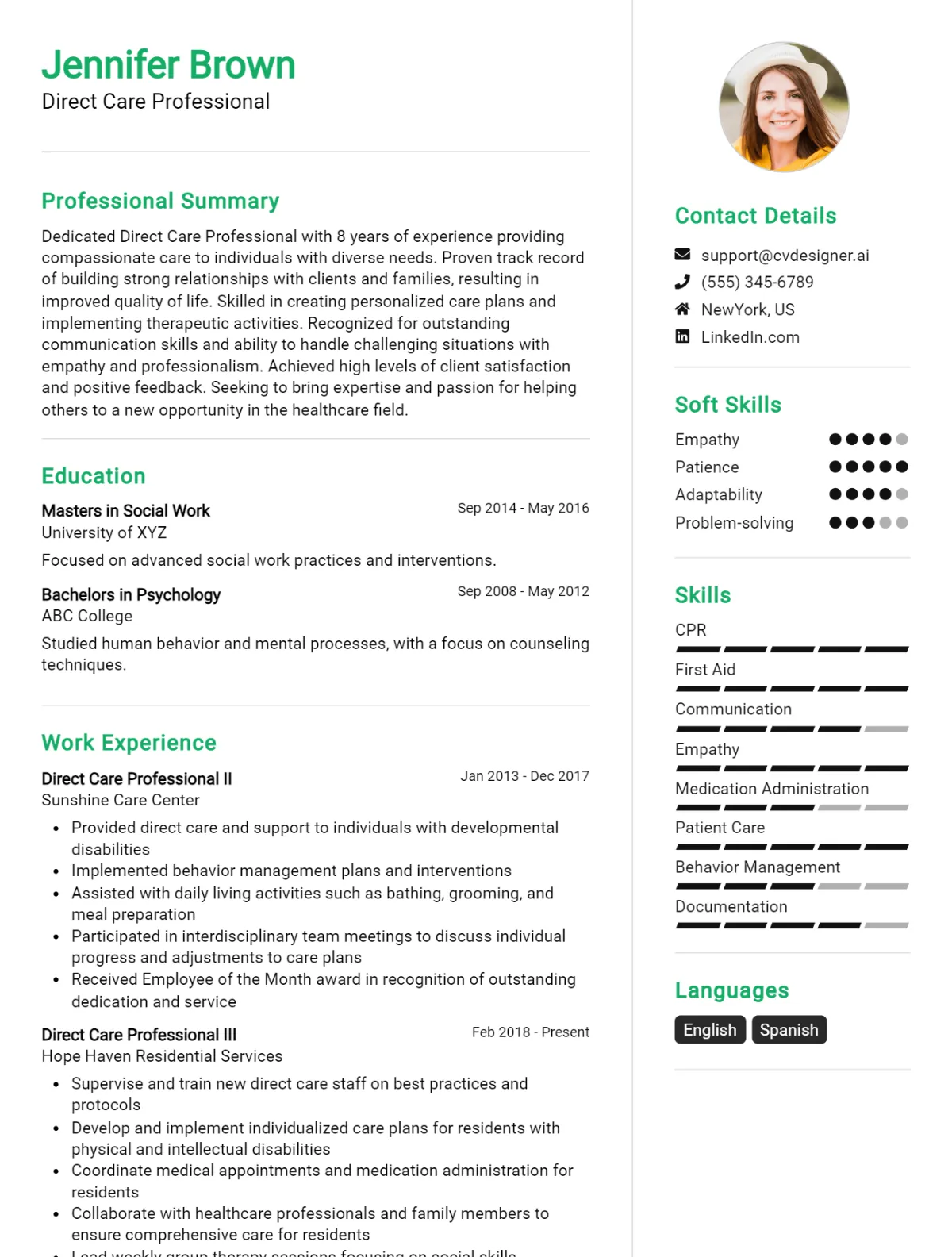 Direct Care Professional CV Example For 2026: Free Downloadable Templates Preview