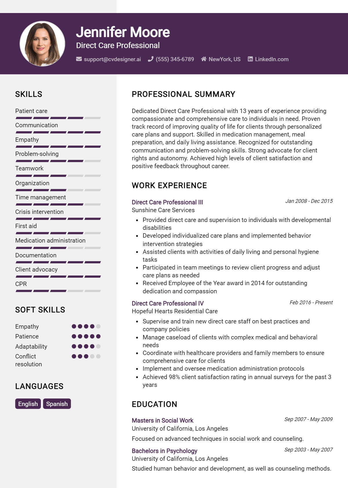 Direct Care Professional Resume Example for 2026: Top CV Skills Preview