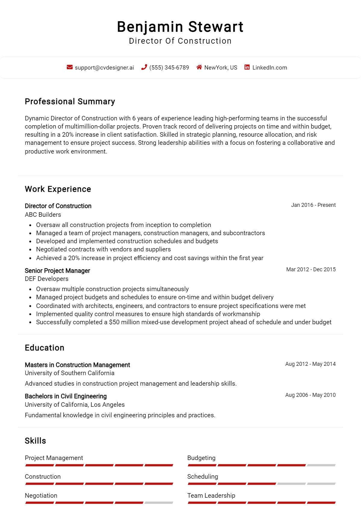 Director Of Construction Resume Example for 2026: Top CV Skills Preview