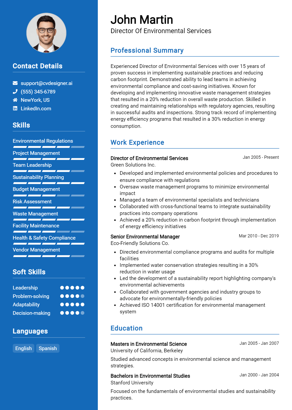 Director Of Environmental Services Resume Example for 2026: Free Downloadable Templates Preview
