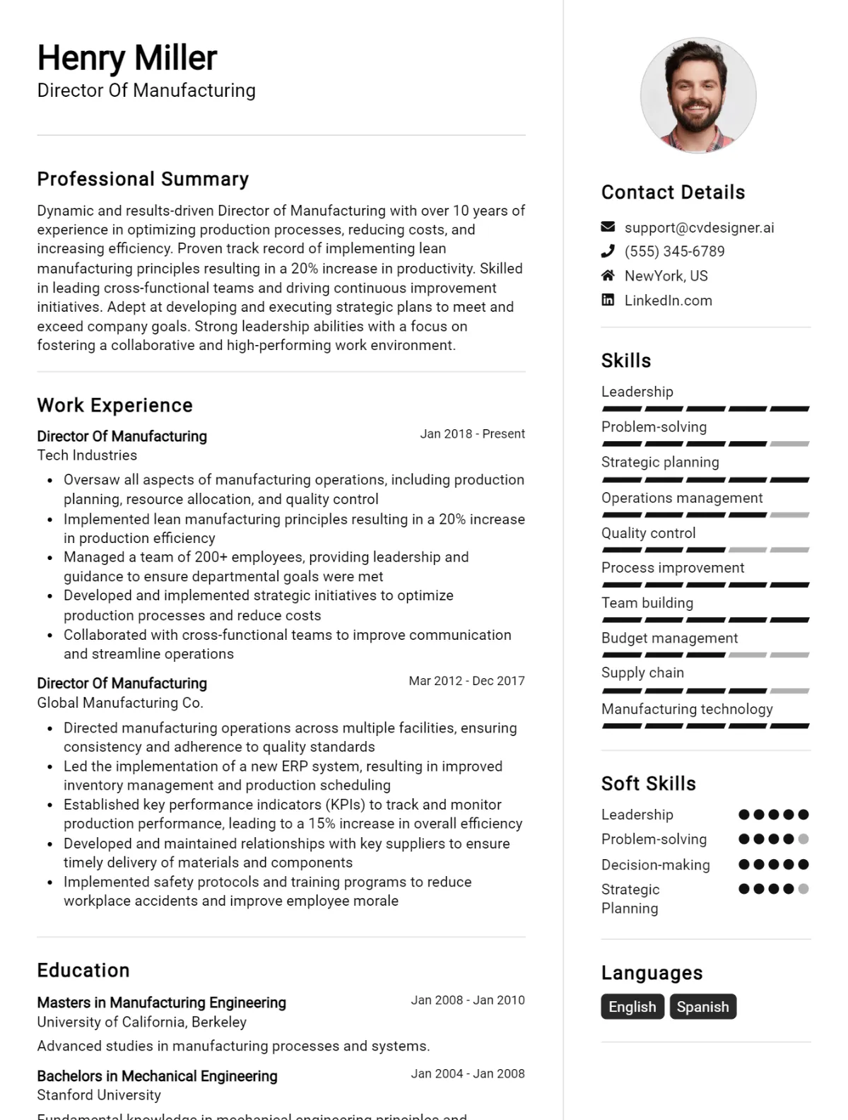 Director Of Manufacturing CV Example For 2026: Free Professional Templates Preview