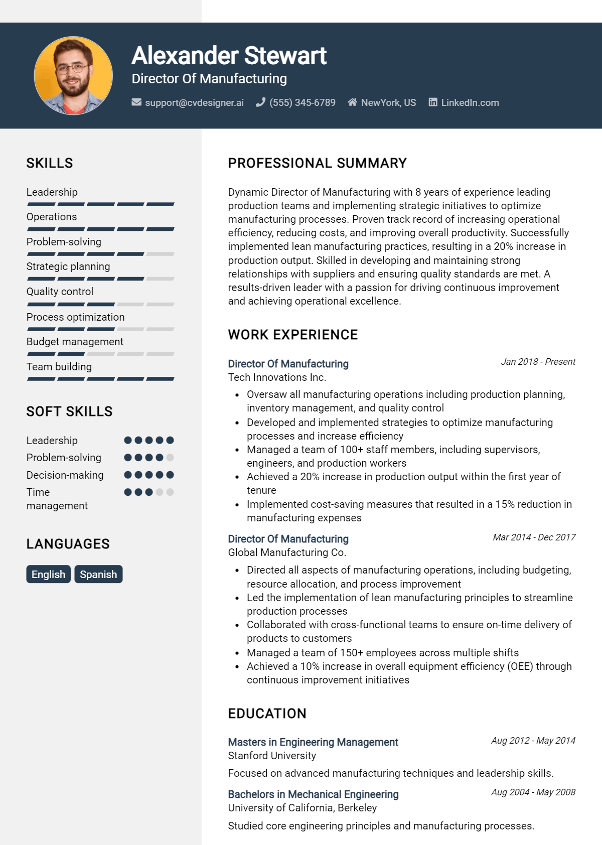 Director Of Manufacturing Resume Example for 2026: Free Professional Templates Preview