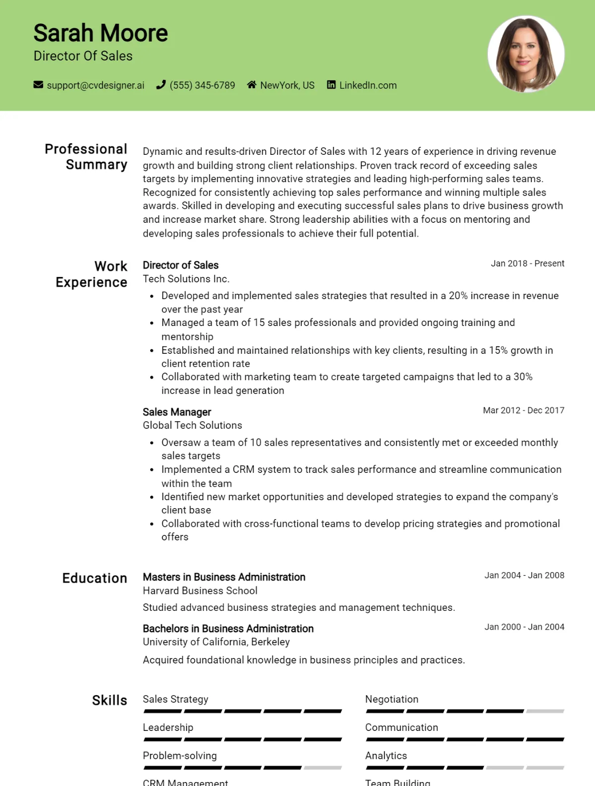 Director Of Sales CV Example For 2026: Free Professional Templates Preview
