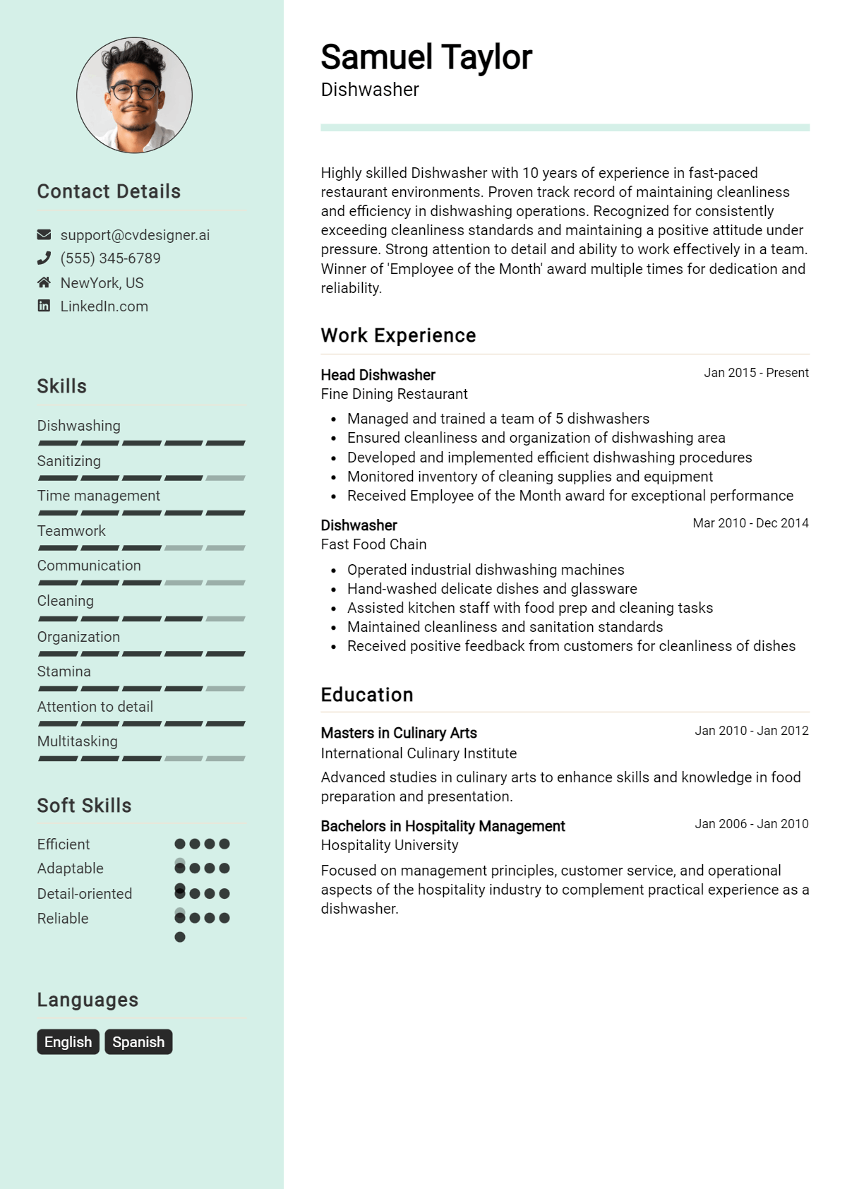 Dishwasher Resume Example for 2026: Examples & Free Templates Preview
