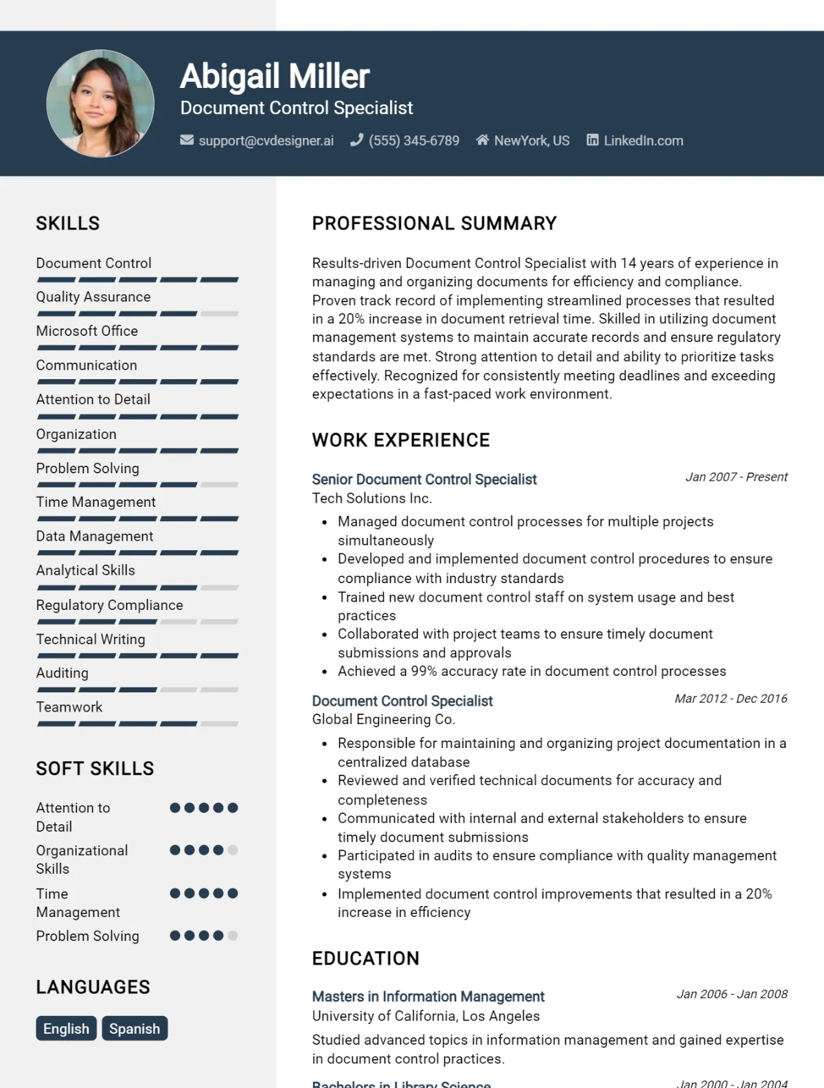 Document Control Specialist CV Example For 2026: Free Professional Templates Preview