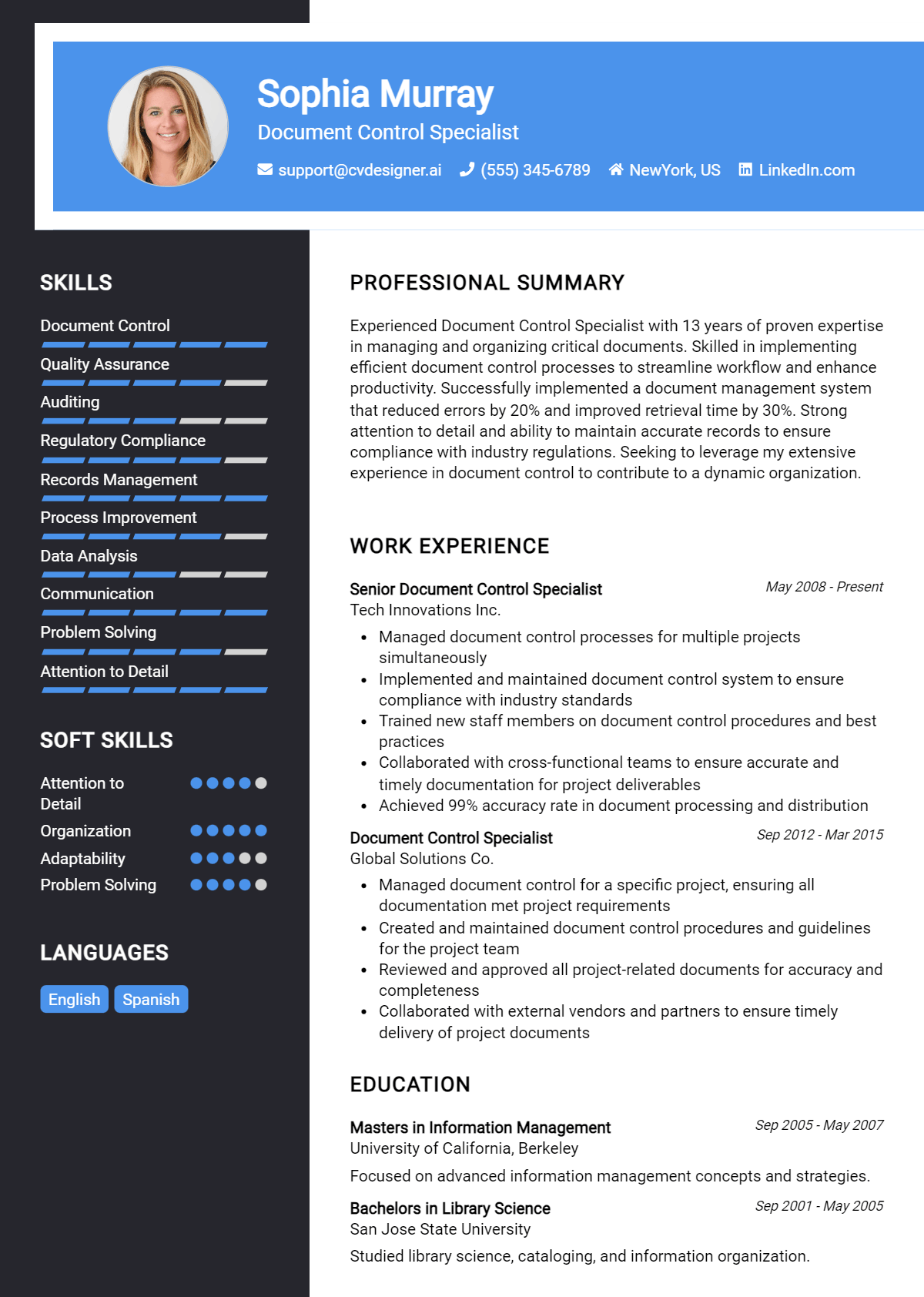 Document Control Specialist Resume Example for 2026: Samples & Best Practices Preview